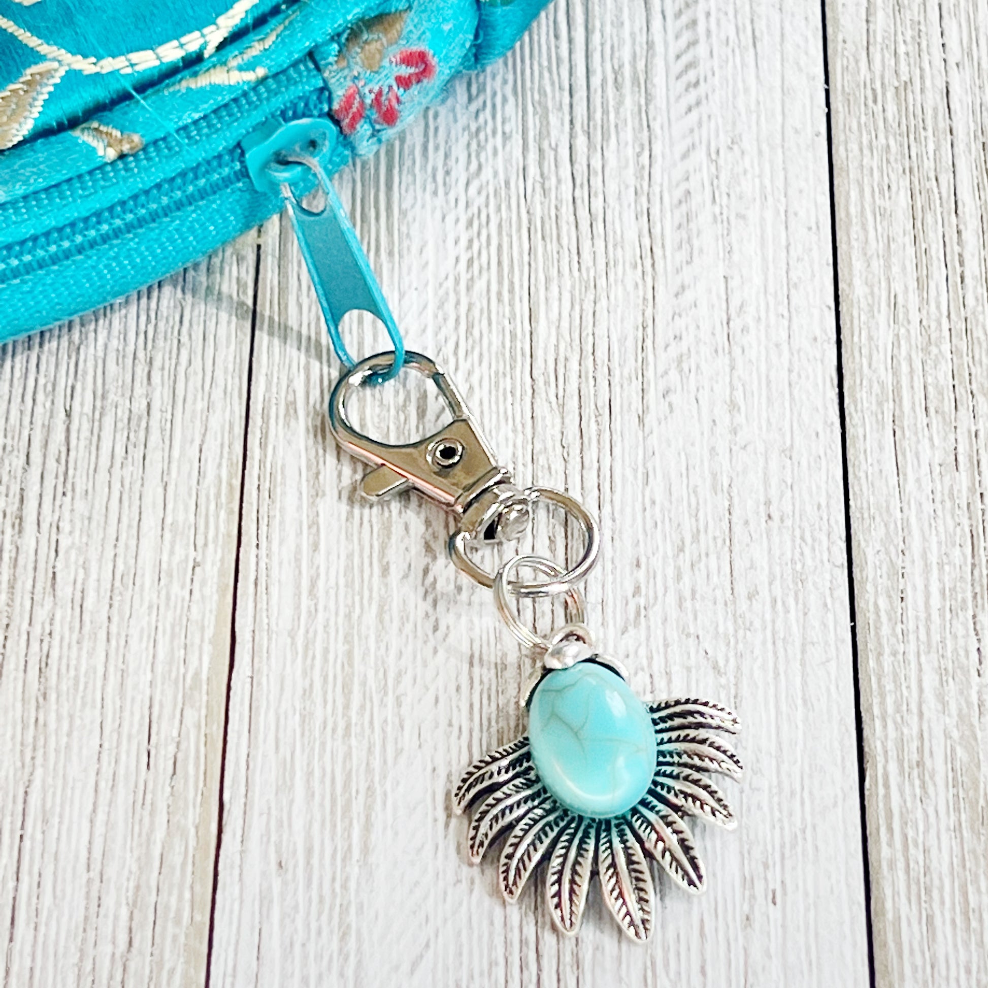 Western Zipper Pull Keychain Purse Charm: Turquoise & Silver Feather Medallion Accent