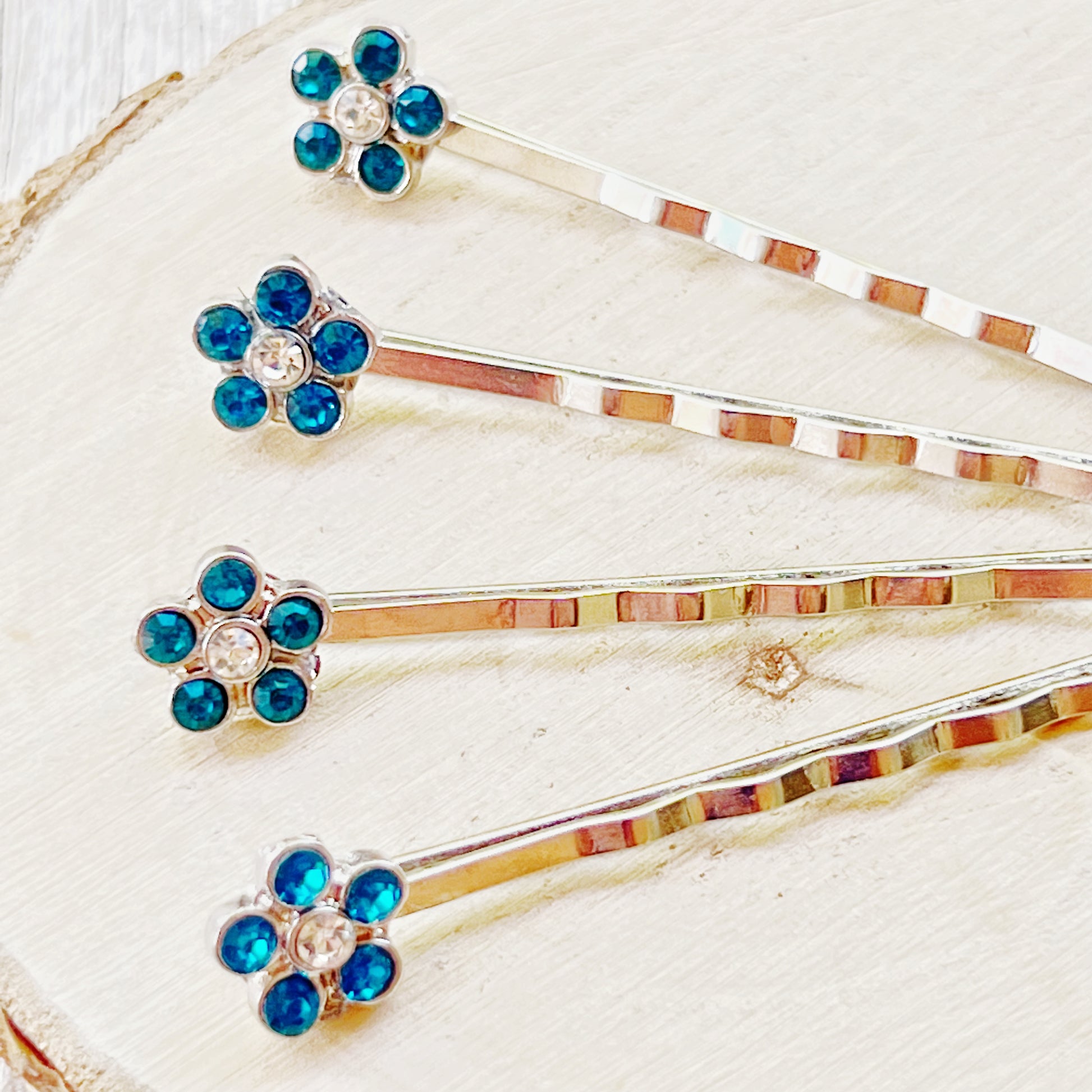 Blue Rhinestone Flower Hair Pins - Elegant and Sparkling Floral Hair Accessories
