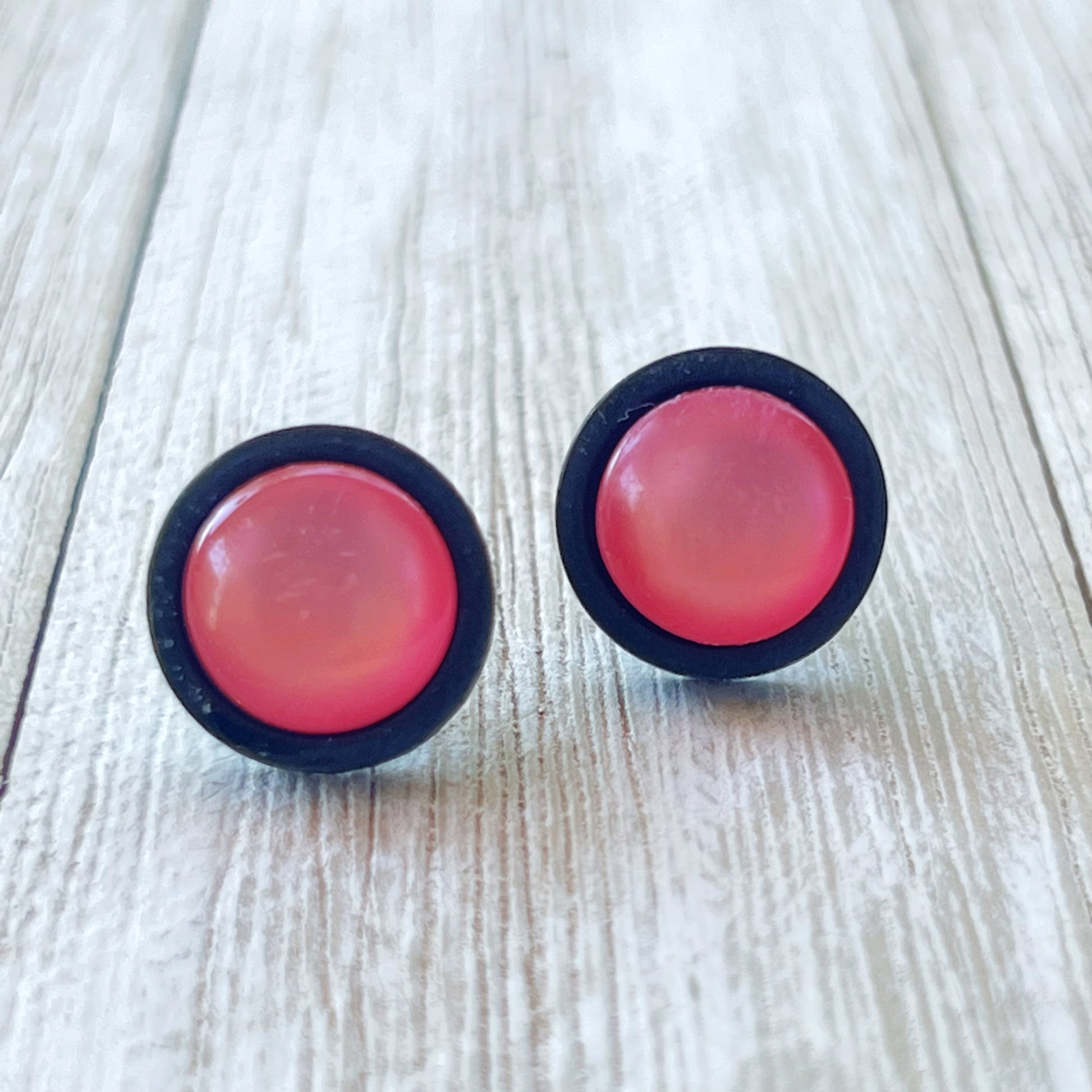 Pink Resin Black Wood Unisex Stud Earrings - Unique & Stylish Accessories