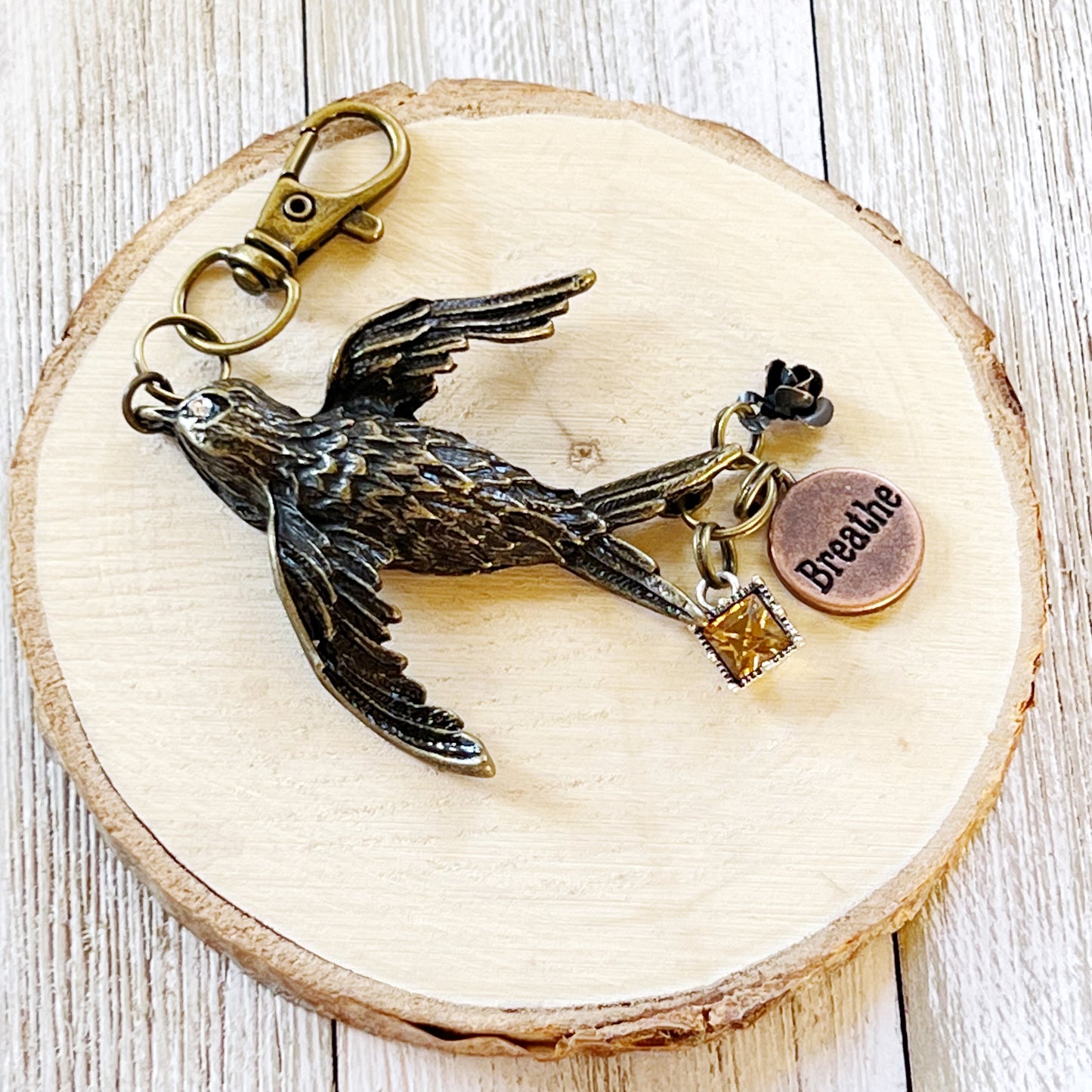 Large Metal 'Breathe' Bird Charm with Rhinestone and Flower Accents - Perfect for Keychain or Purse Decoration