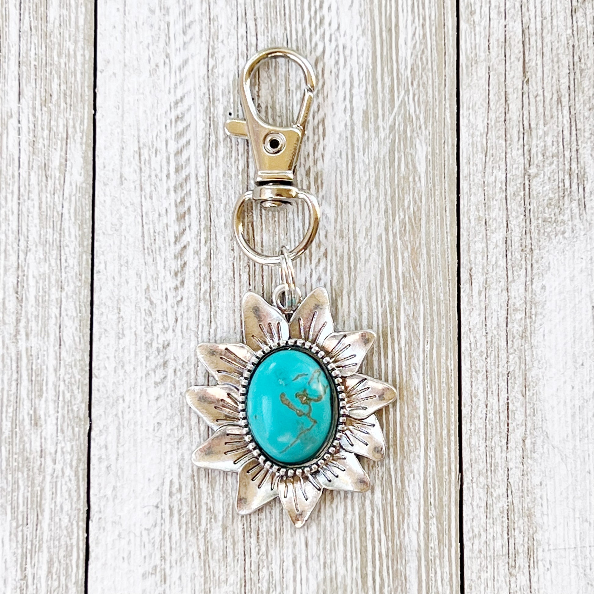 Turquoise Sunflower Boho Western Zipper Pull Purse Charm - Stylish Southwest-Inspired Accessory