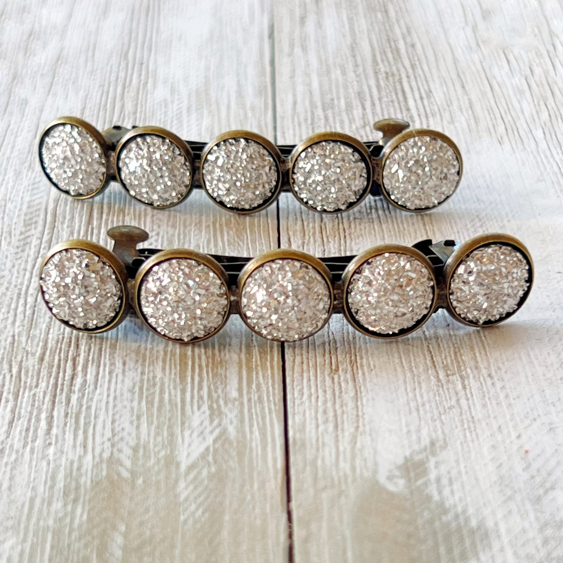 Metallic Silver Druzy Brass Barrettes - Stylish & Elegant Hair Accessories