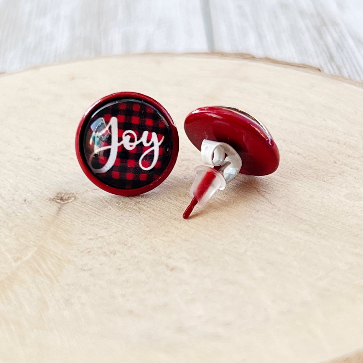 Red & Black Buffalo Plaid Christmas Stud Earrings: Festive Joyful Accents for Holiday Cheer