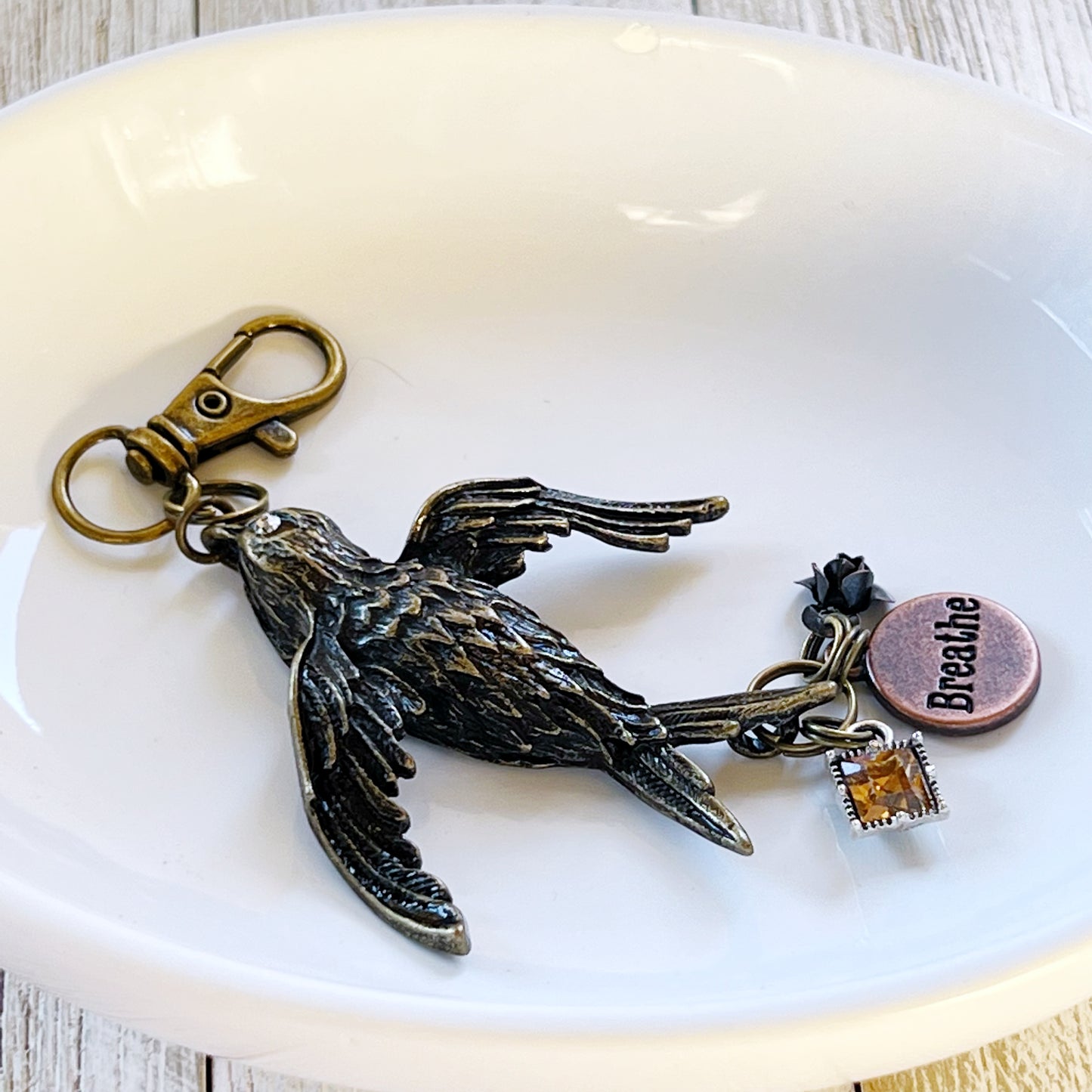 Large Metal 'Breathe' Bird Charm with Rhinestone and Flower Accents - Perfect for Keychain or Purse Decoration