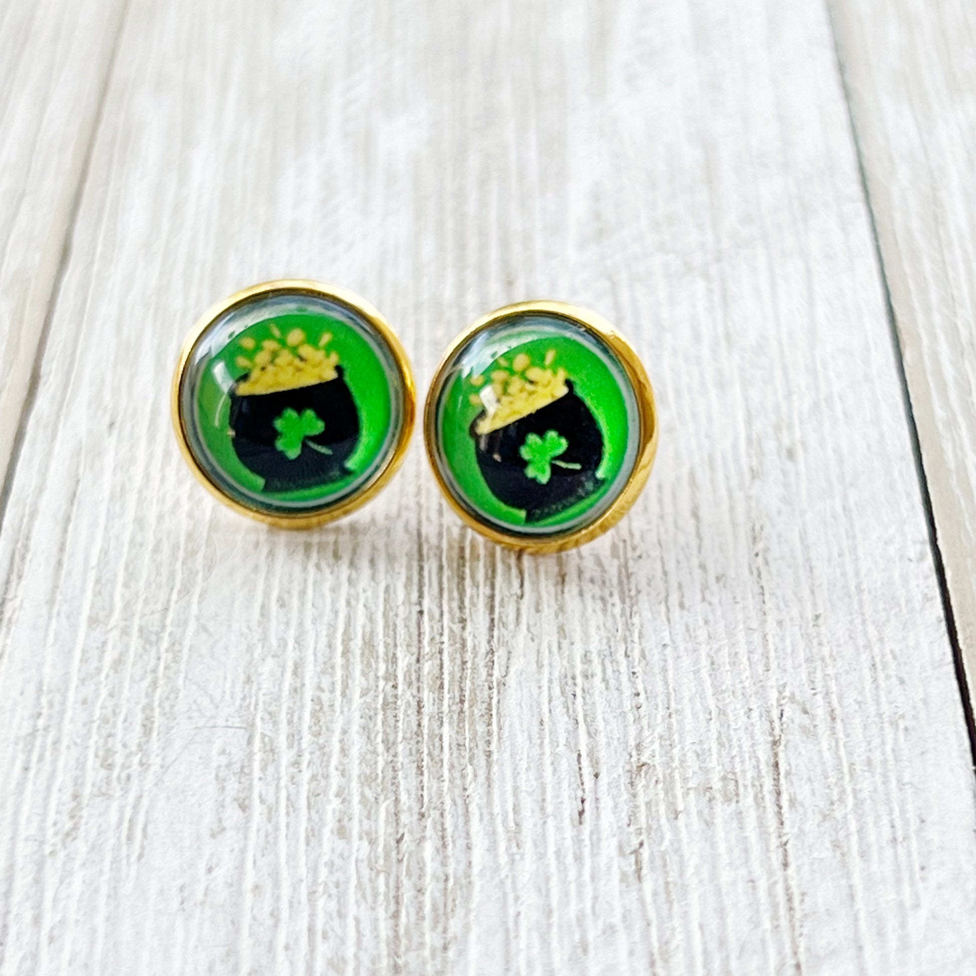 Gold Stud Earrings: Lucky Pot of Gold Design for St. Patrick's Day Charm