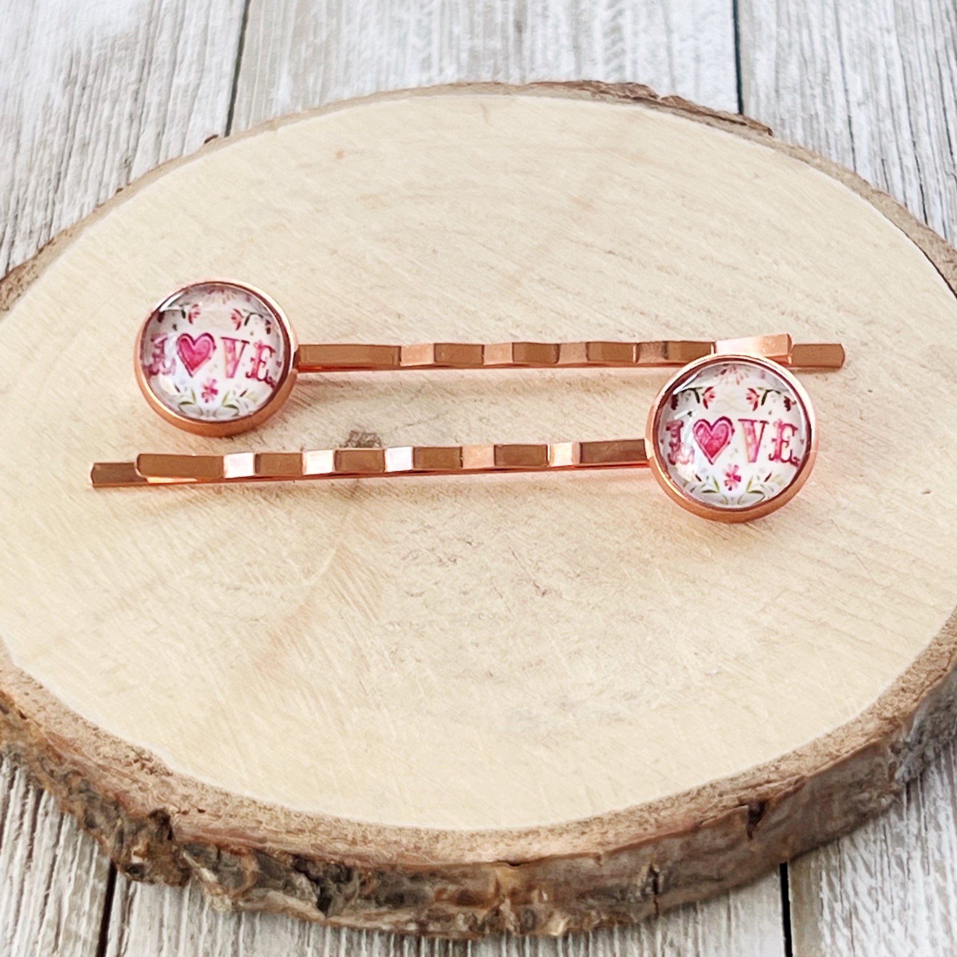 Rose Gold Floral Pink Love Heart Hair Pins