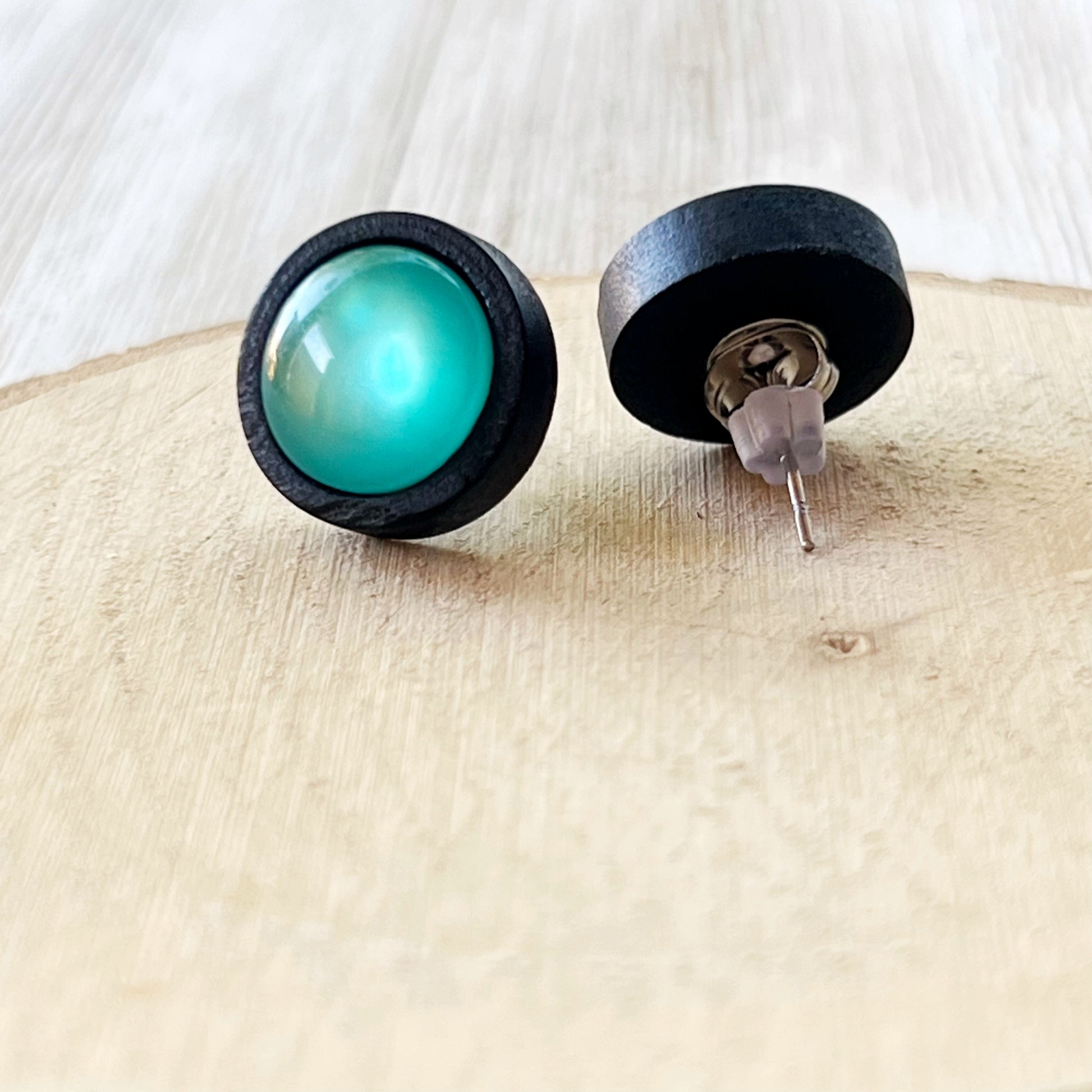 Natural Black Wood Blue Glass Stainless Steel Unisex Stud Earrings