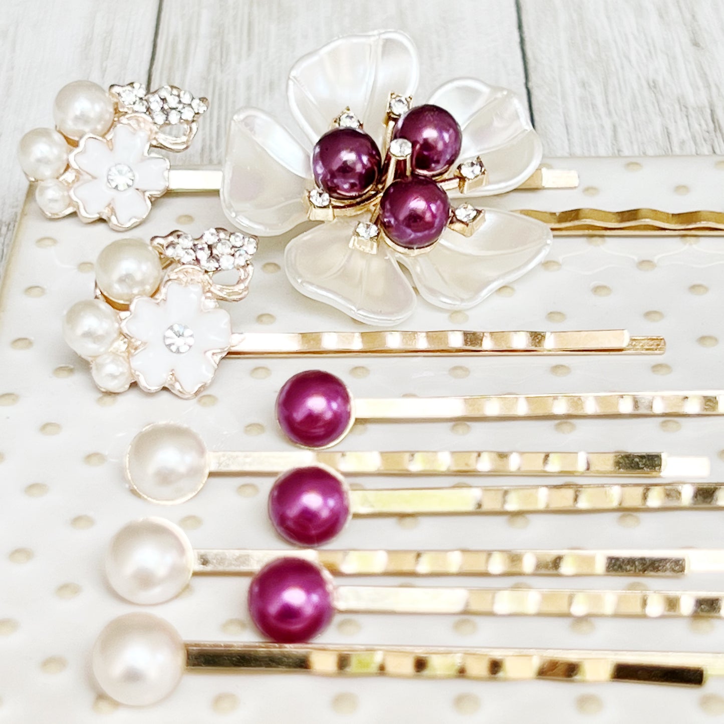 Purple & White Pearl Rhinestone Hair Pins - Elegant & Sparkling Accessories