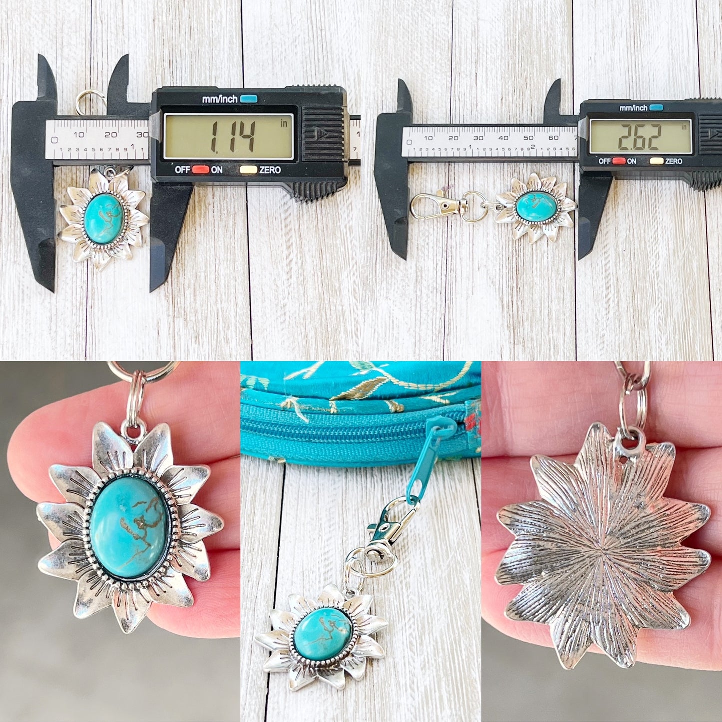 Turquoise Sunflower Boho Western Zipper Pull Purse Charm - Stylish Southwest-Inspired Accessory