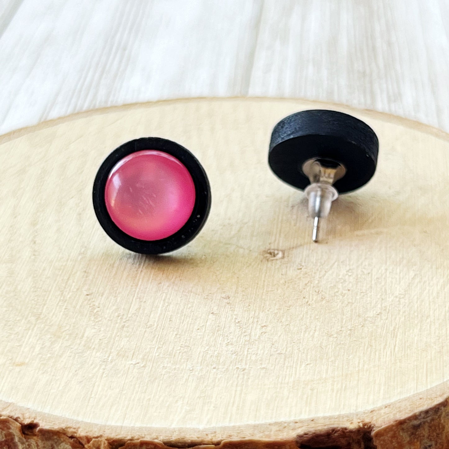 Pink Resin Black Wood Unisex Stud Earrings - Unique & Stylish Accessories