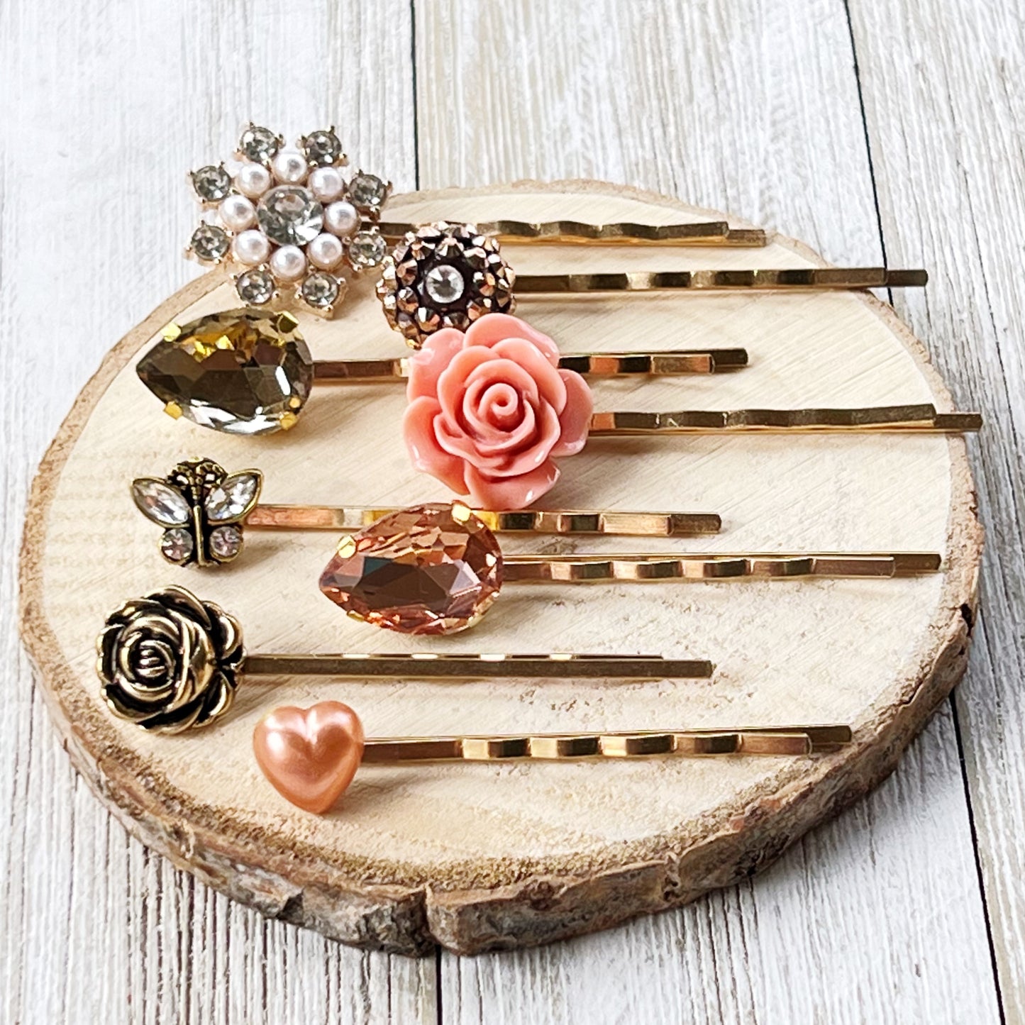 Vintage Inspired Rose Gold Hair Pins: Adorned with Rhinestone Pearls, Flowers, Hearts, & Antiqued Gold Butterflies for Timeless Elegance