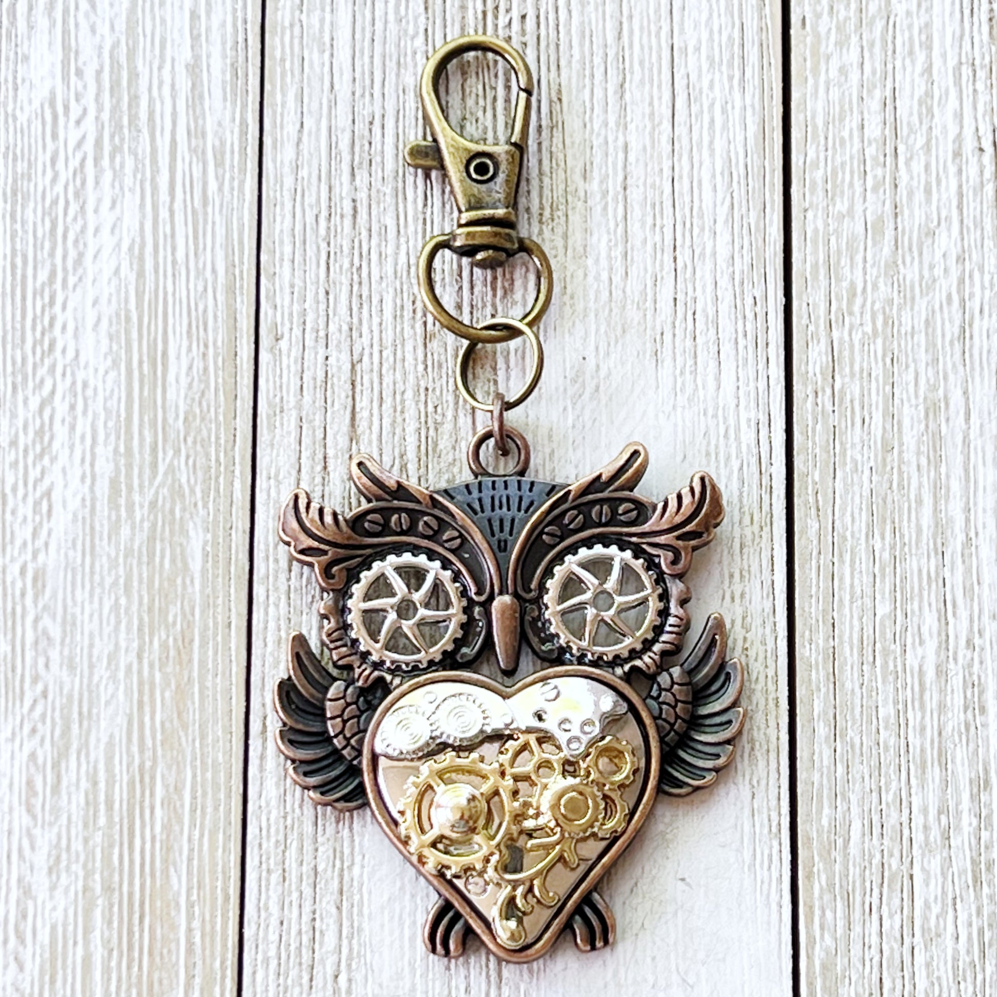 Steampunk Owl Zipper Pull Keychain Purse Charm with Gear Accents