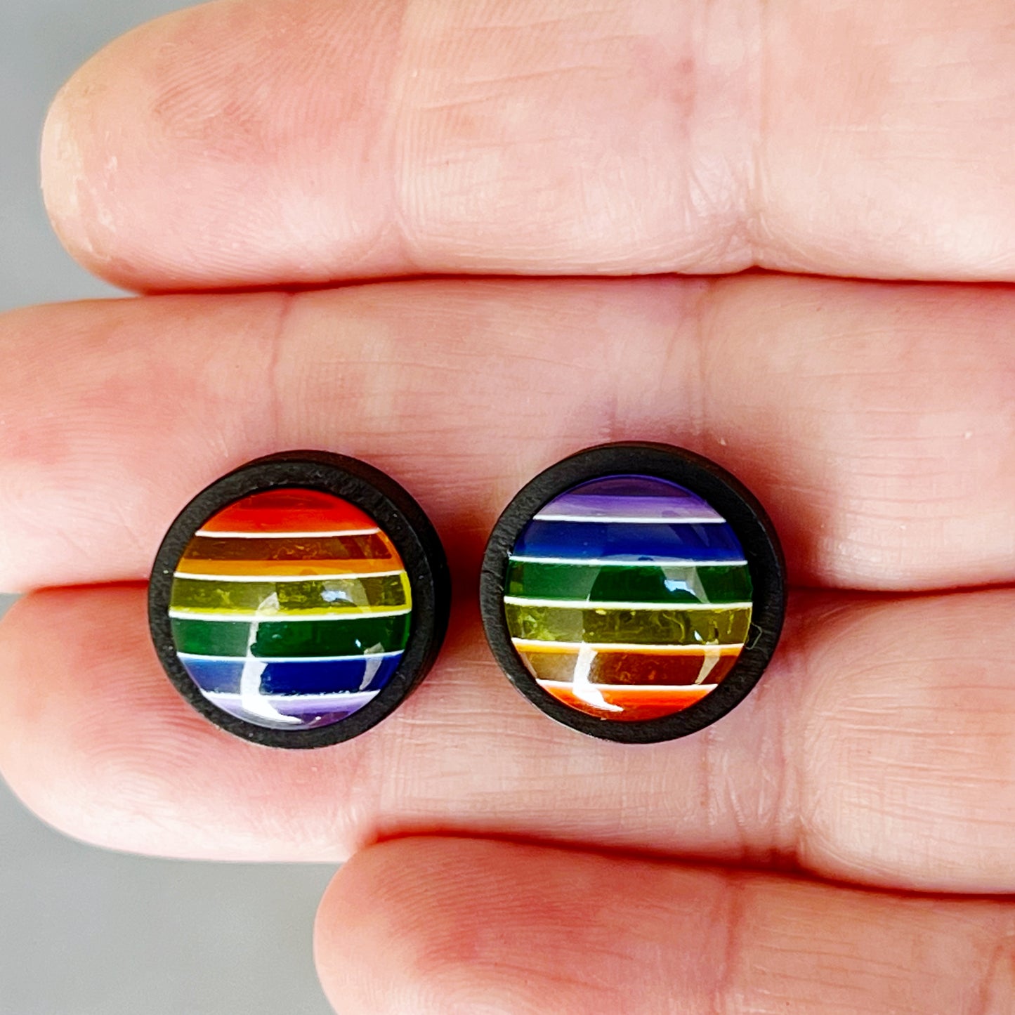 Rainbow Striped Black Wood Stud Earrings - Colorful and Unique Accessories