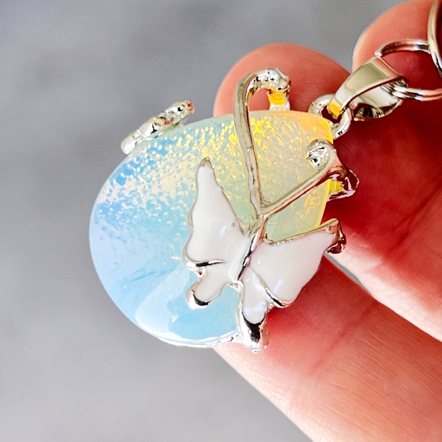 White Butterfly Wrapped Stone Zipper Pull Keychain Charm