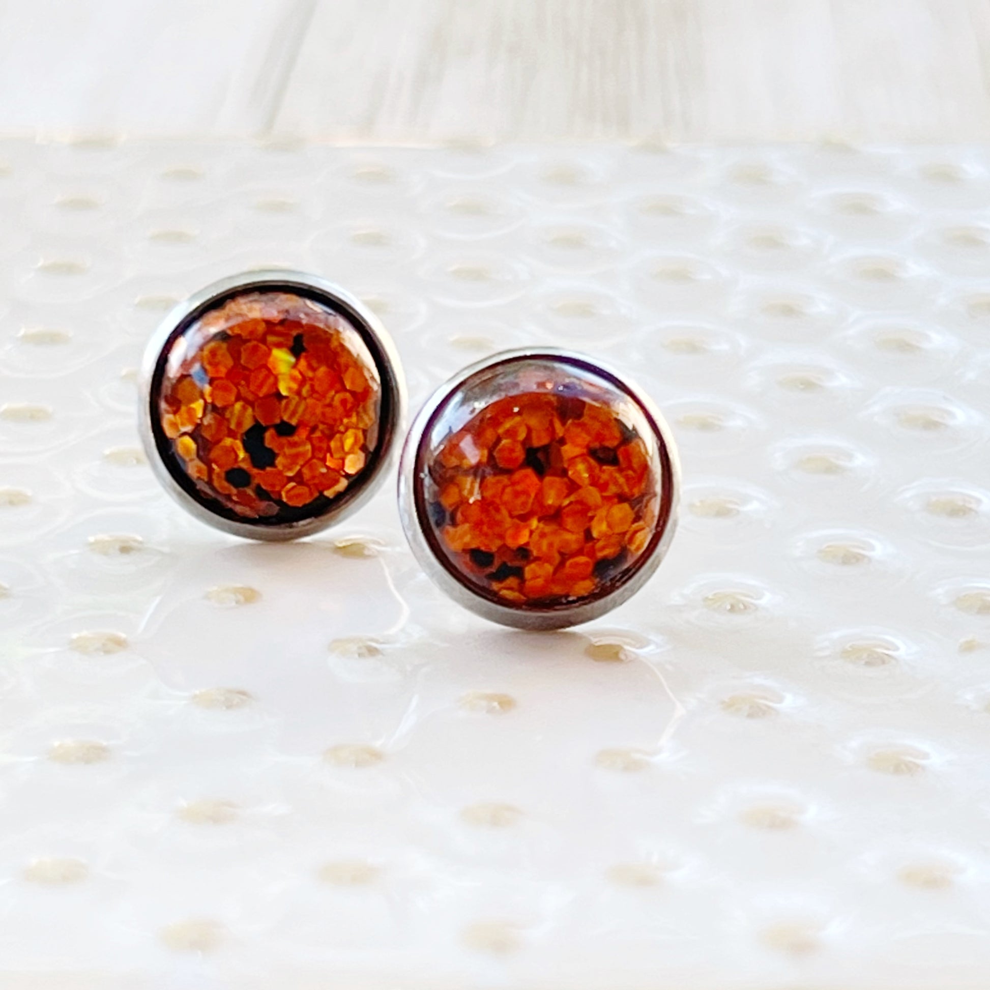 Orange Glitter 10mm Silver Stud Earrings - Sparkling and Elegant Accessories