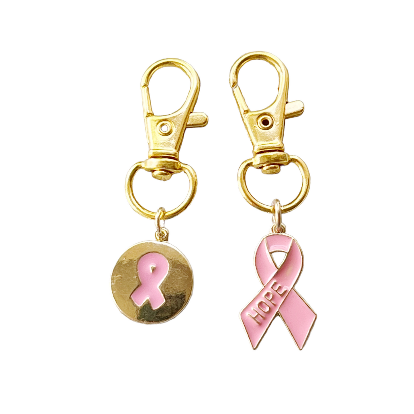 Pink Cancer Awareness Ribbon Zipper Pull Keychain Charm with Rhinestones