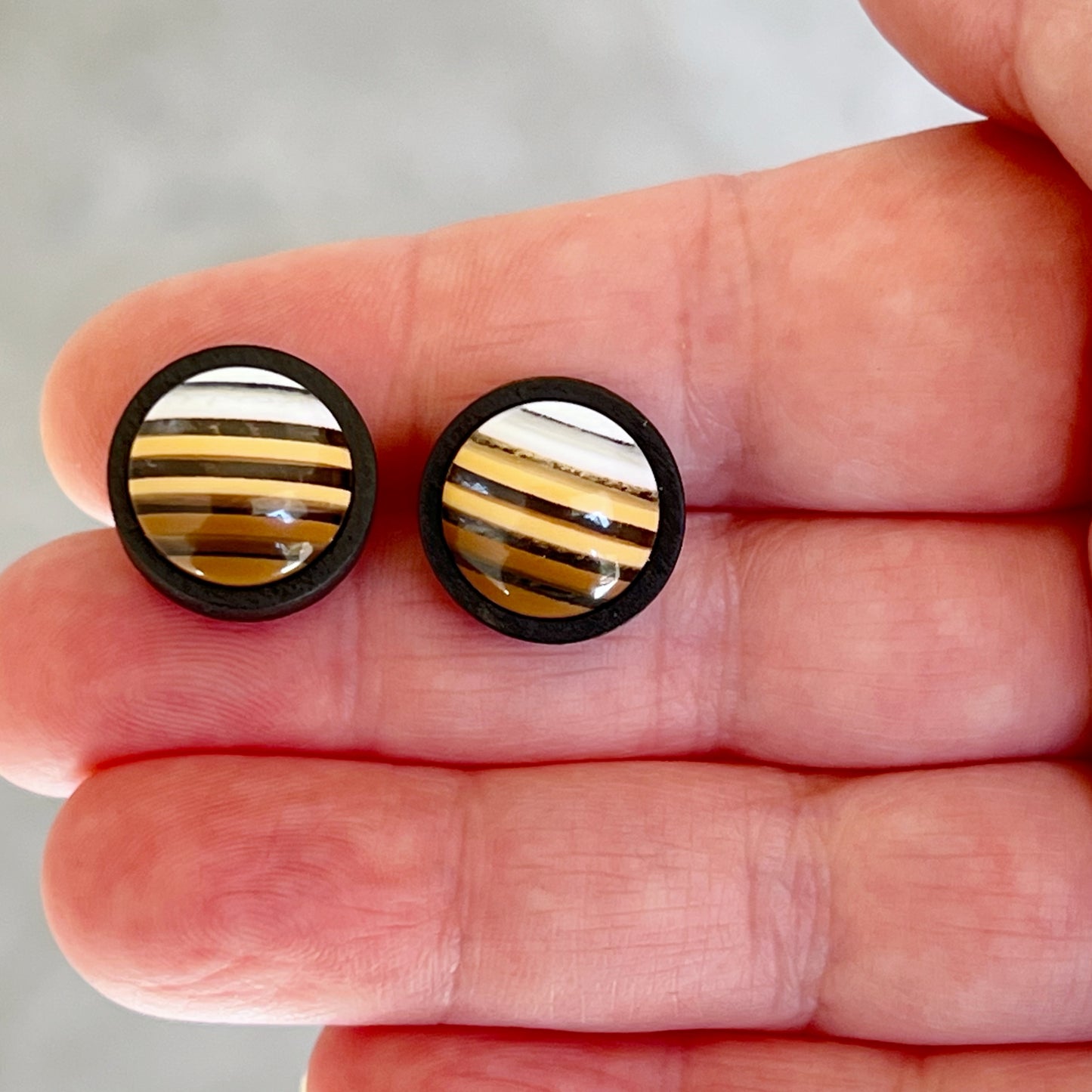 Brown & White Striped Black Wood Earrings - Chic & Contemporary Accessories