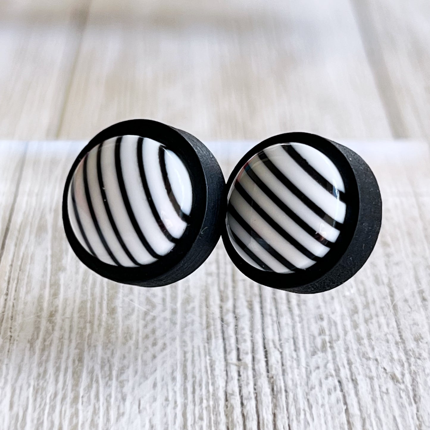 Black & White Striped Black Wood Earrings - Stylish & Contemporary Accessories