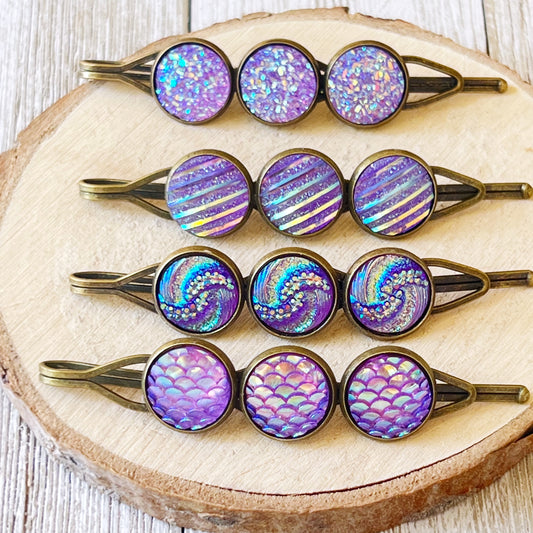 Purple Druzy Hair Pins: Set of 4 Stylish Accessories with Unique Patterns