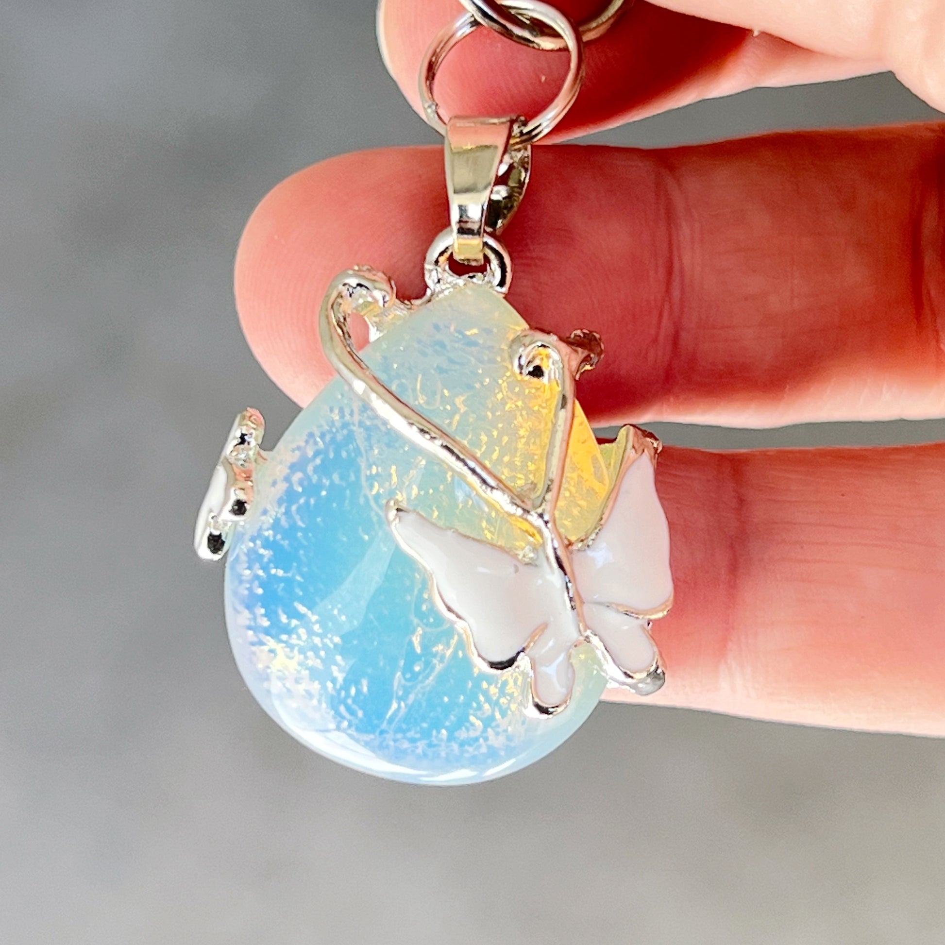 White Butterfly Wrapped Stone Zipper Pull Keychain Charm