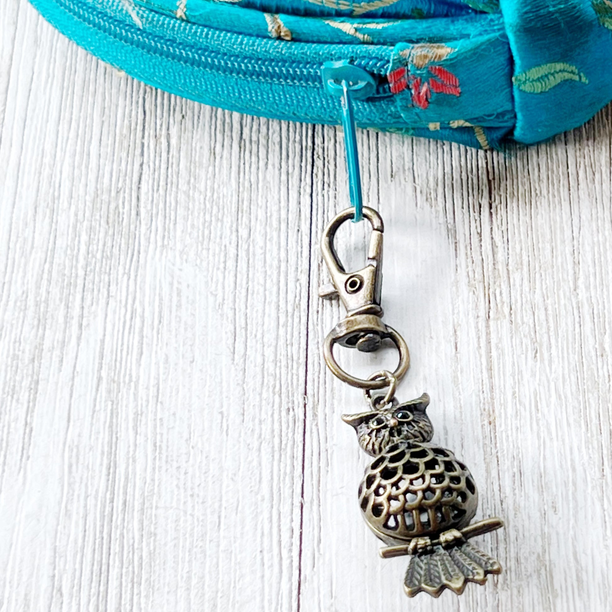 Set of 3 Brass Owl Purse Charms with Rhinestone Accents