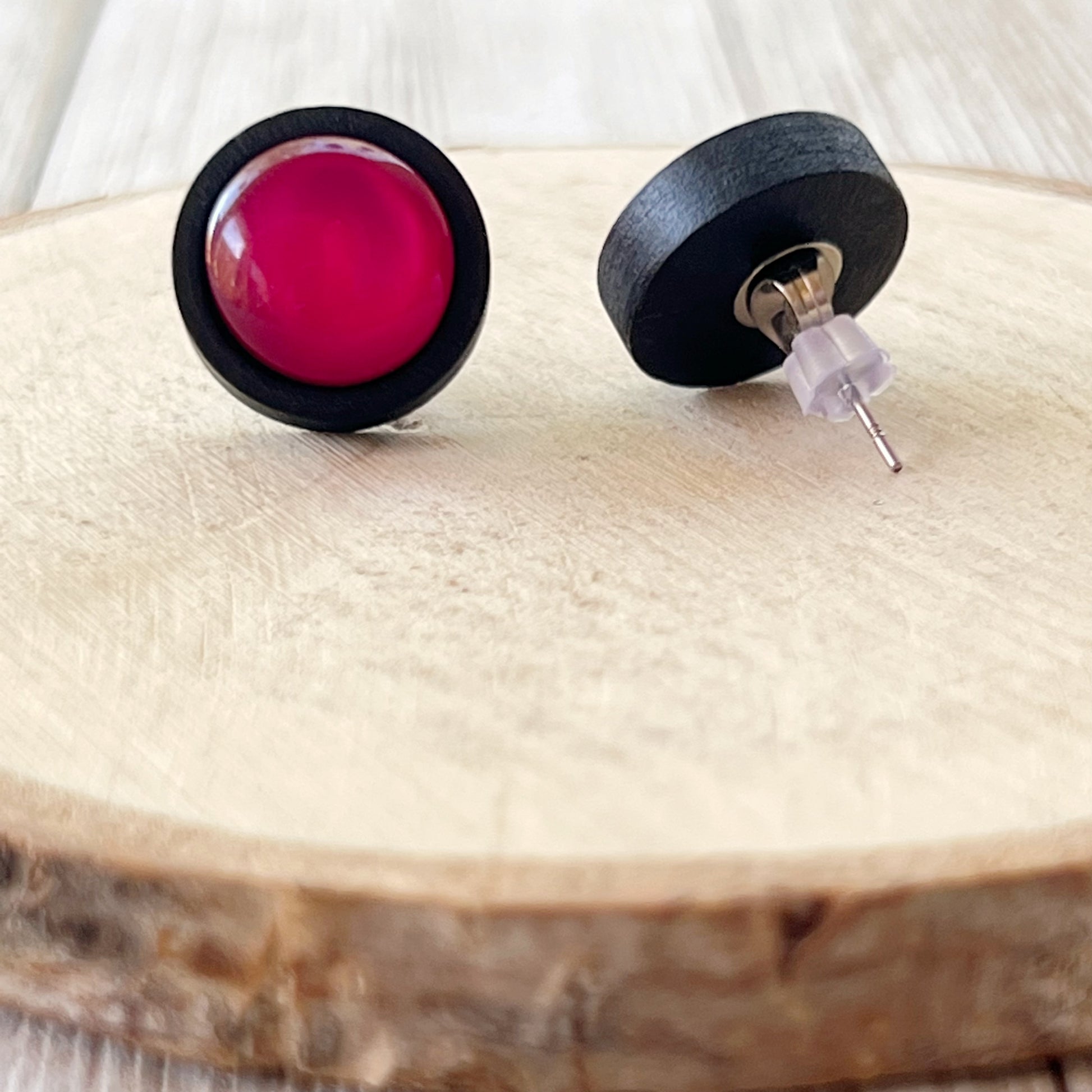 Pink Resin Black Wood Unisex Stud Earrings - Unique & Stylish Accessories