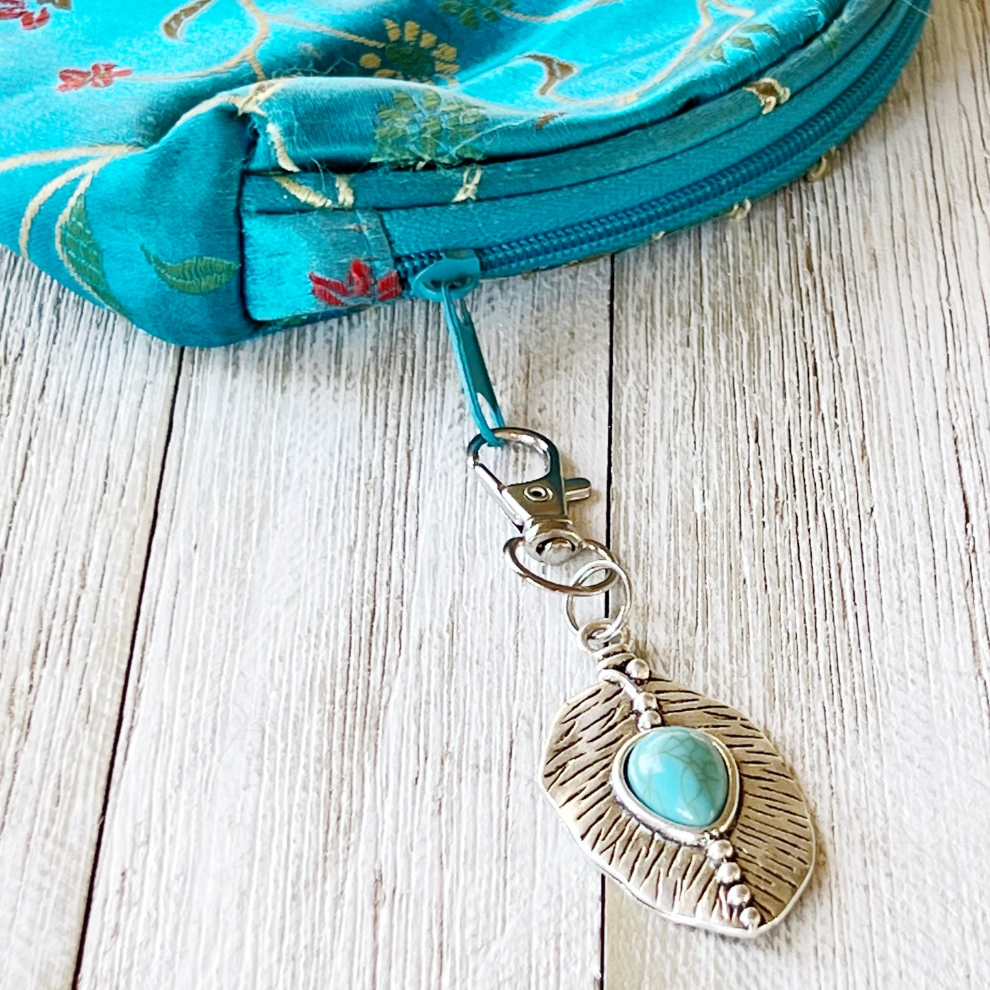 Small Turquoise Silver Feather Western Zipper Pull Keychain Charm