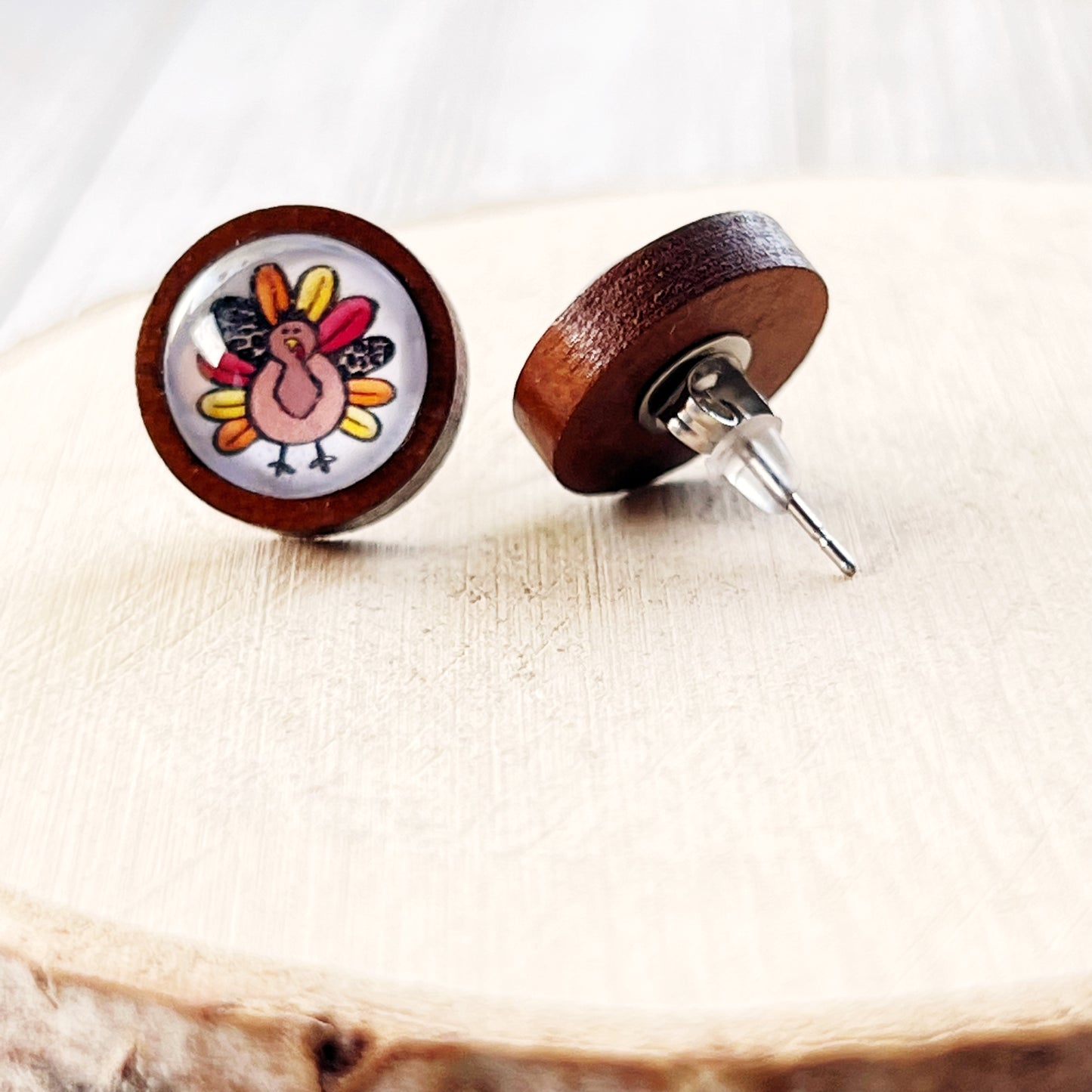 Thanksgiving Turkey Wood Stainless Steel Stud Earring