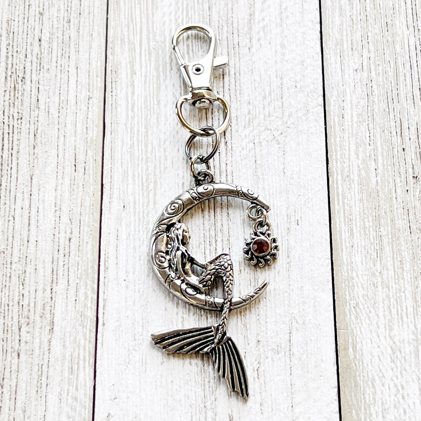 Silver Mermaid Crescent Moon Purse Charm with Rhinestone Sun