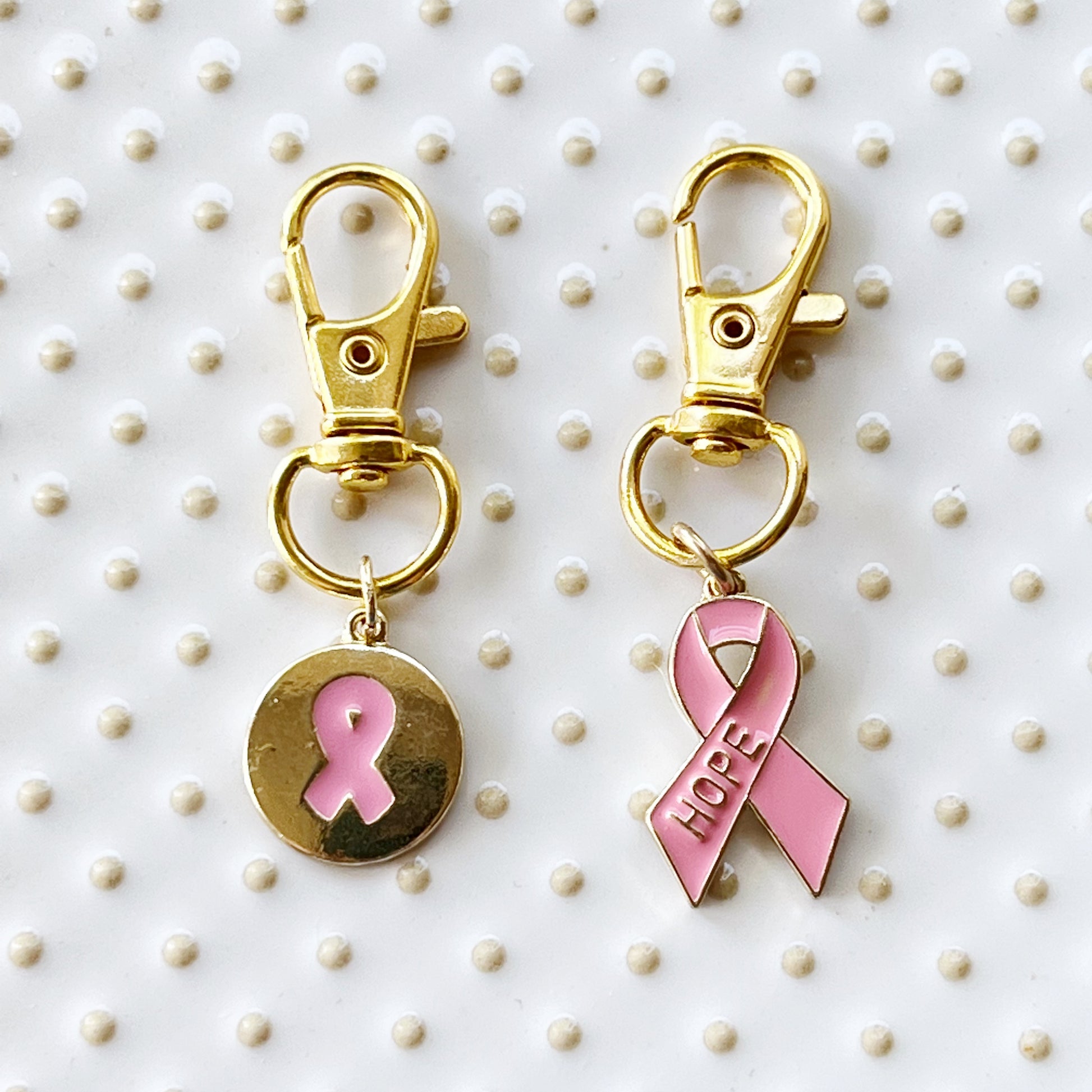 Pink Cancer Awareness Ribbon Zipper Pull Keychain Charm with Rhinestones