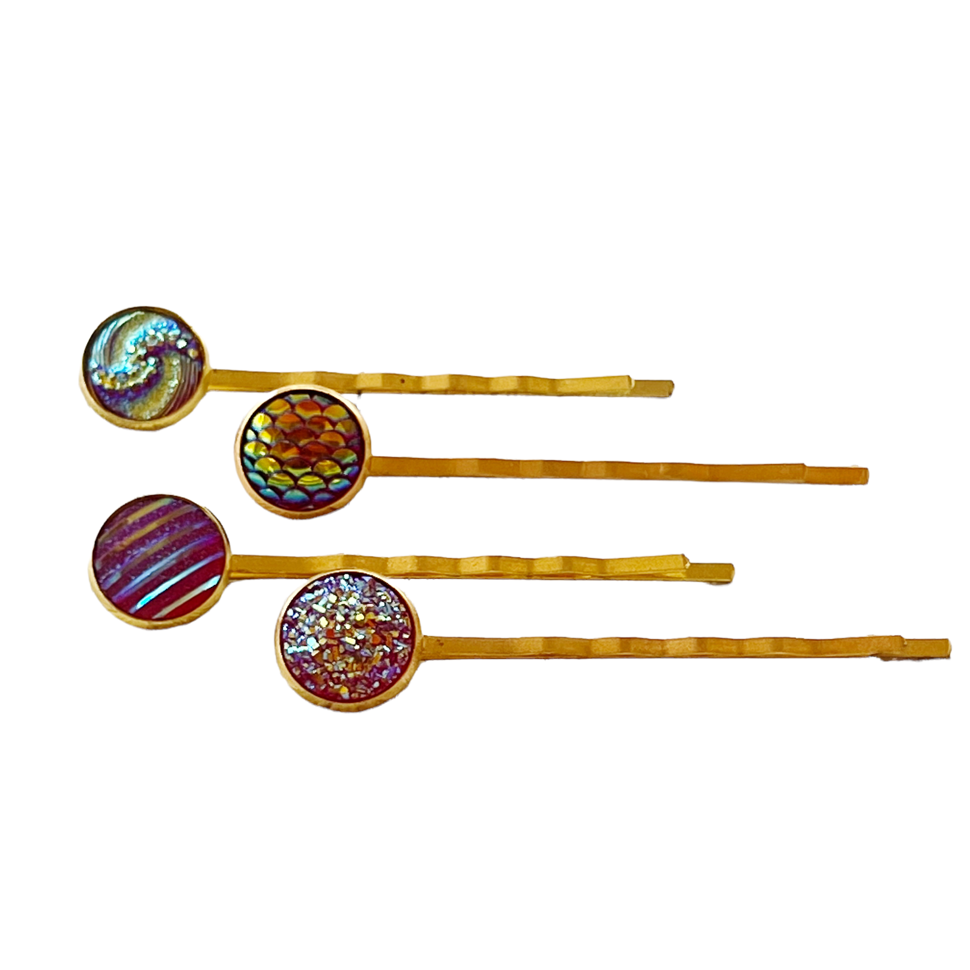 Set of 4 Gold Hair Pins: Textured Variety in Red Tones for Elegant Hairstyles