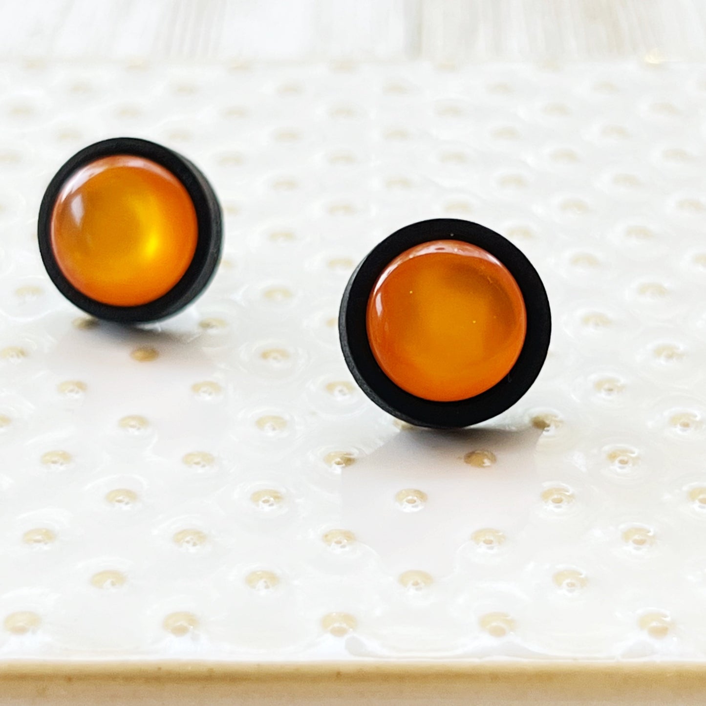 Orange Resin Black Wood Unisex Stud Earrings - Unique & Stylish Accessories