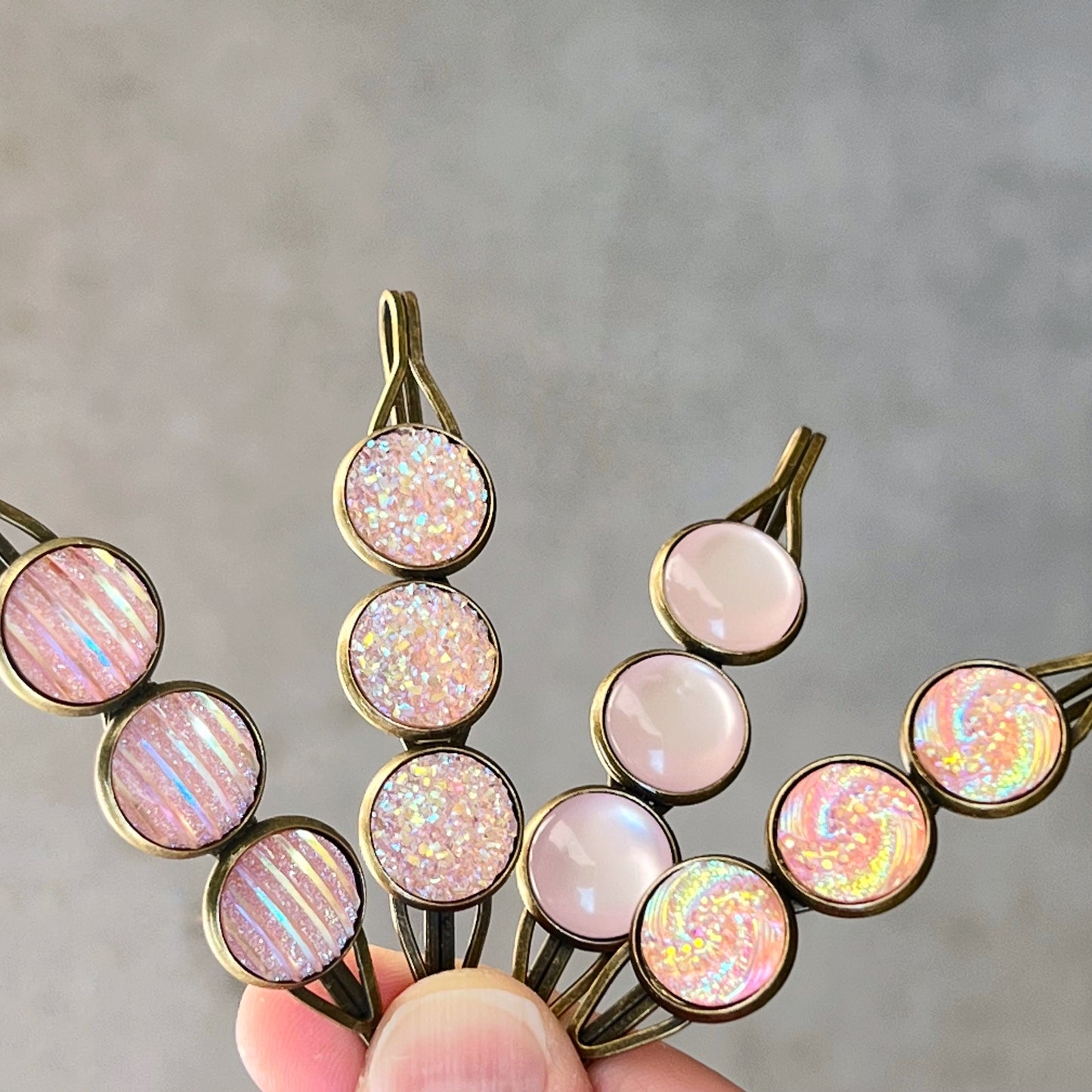 Pink Glitter Druzy Hair Pins - Set of 4 with Unique Pattern Designs