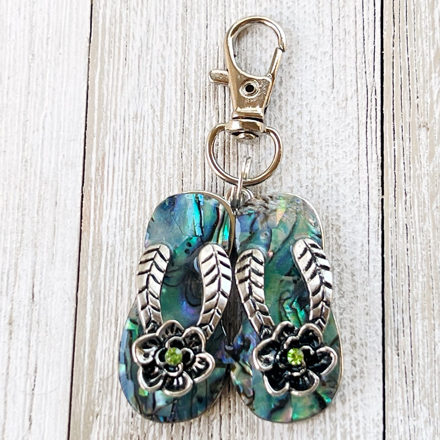 Flip Flop Floral Zipper Pull Keychain Purse Charm with Natural Abalone - Beachy Chic Accessory