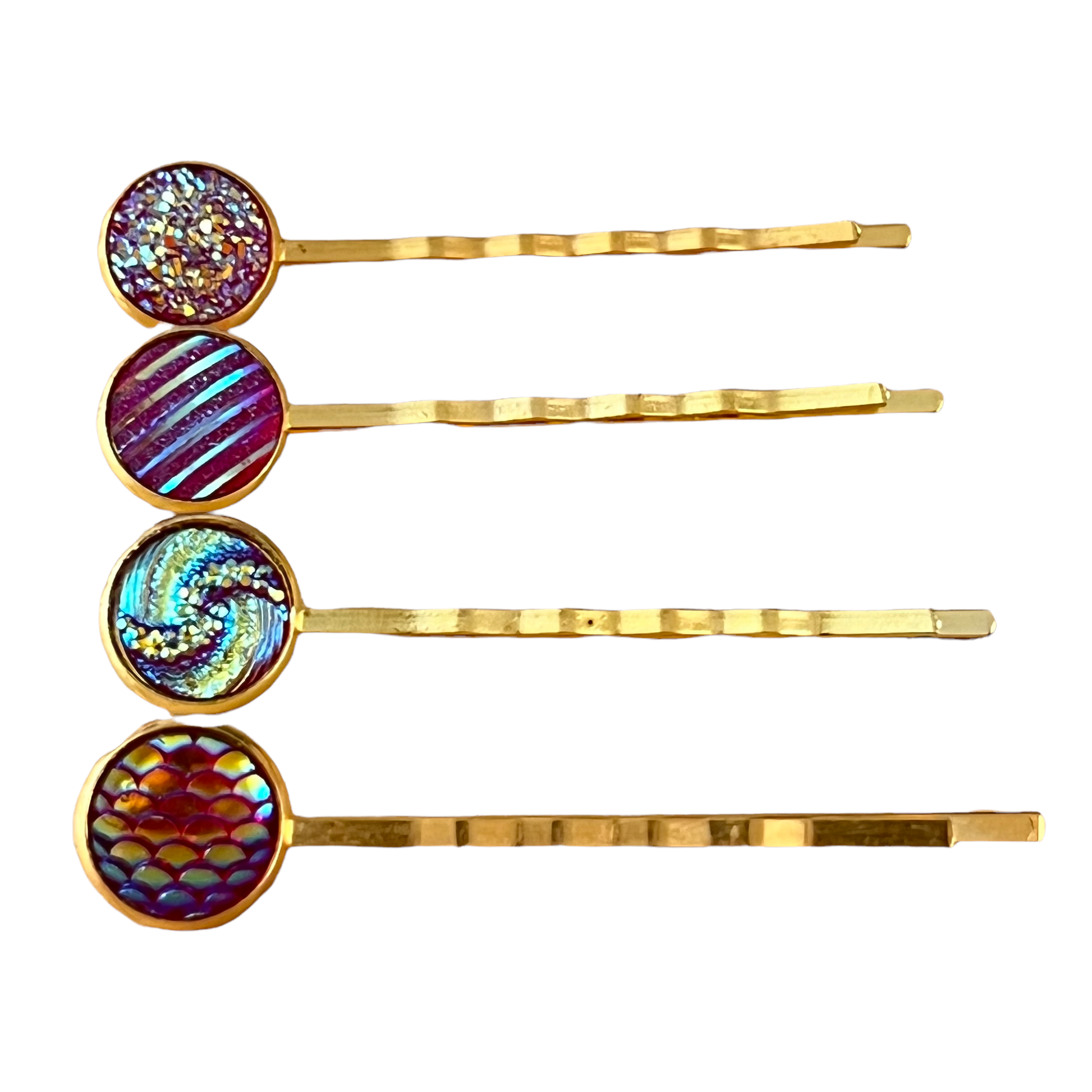 Set of 4 Gold Hair Pins: Textured Variety in Red Tones for Elegant Hairstyles