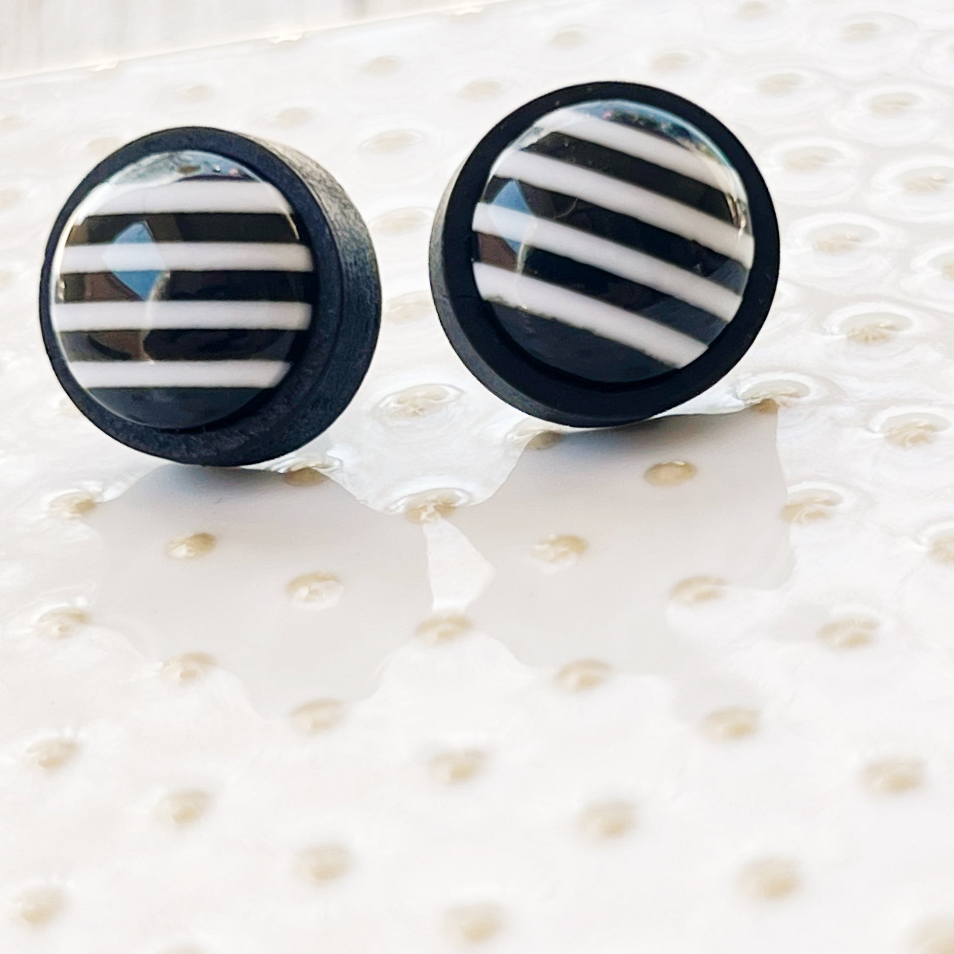 Black & White Large Striped Wood Earrings - Statement Monochrome Accessories