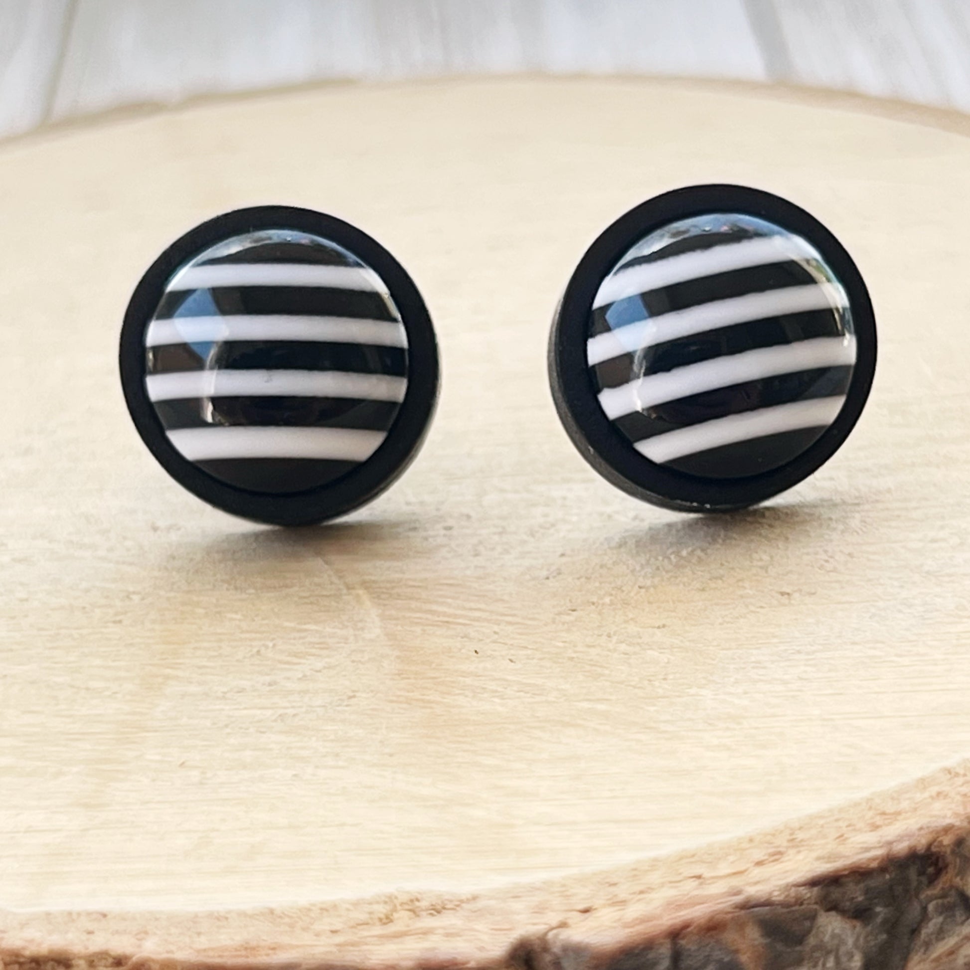 Black & White Large Striped Wood Earrings - Statement Monochrome Accessories