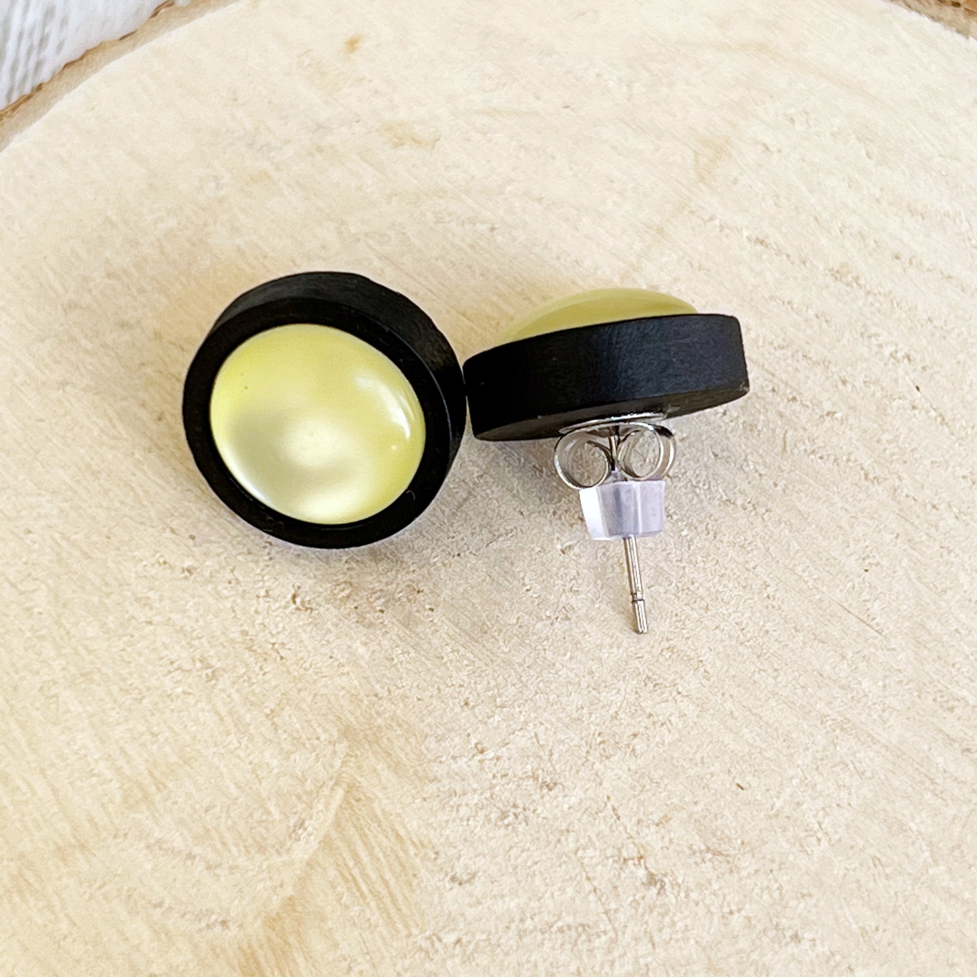 Yellow Resin Black Wood Unisex Stud Earrings - Stylish & Versatile Jewelry