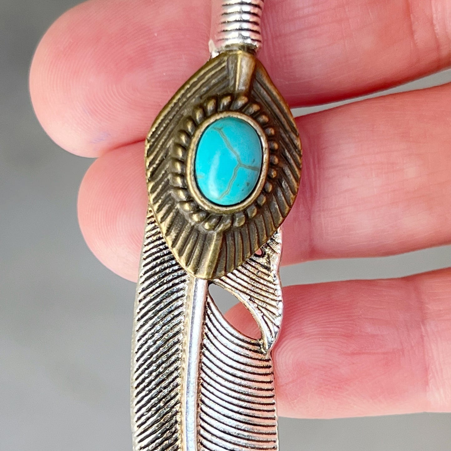 Turquoise Silver Feather Western Zipper Pull Keychain Charm