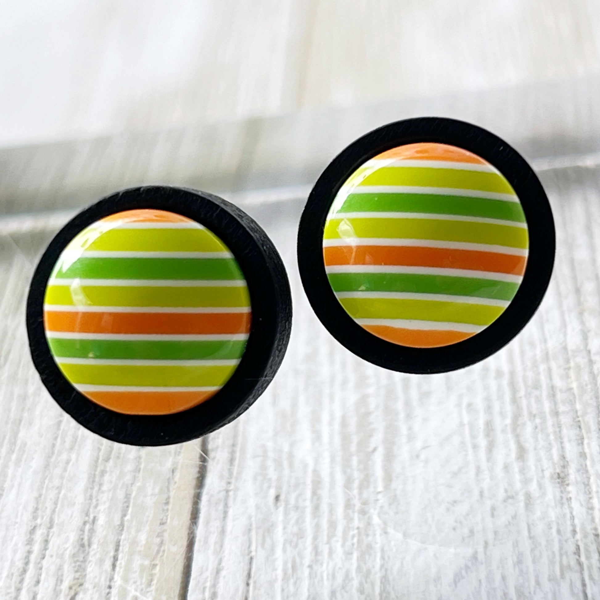 Green & Orange Striped Black Wood Stud Earrings - Unique and Colorful Accessories