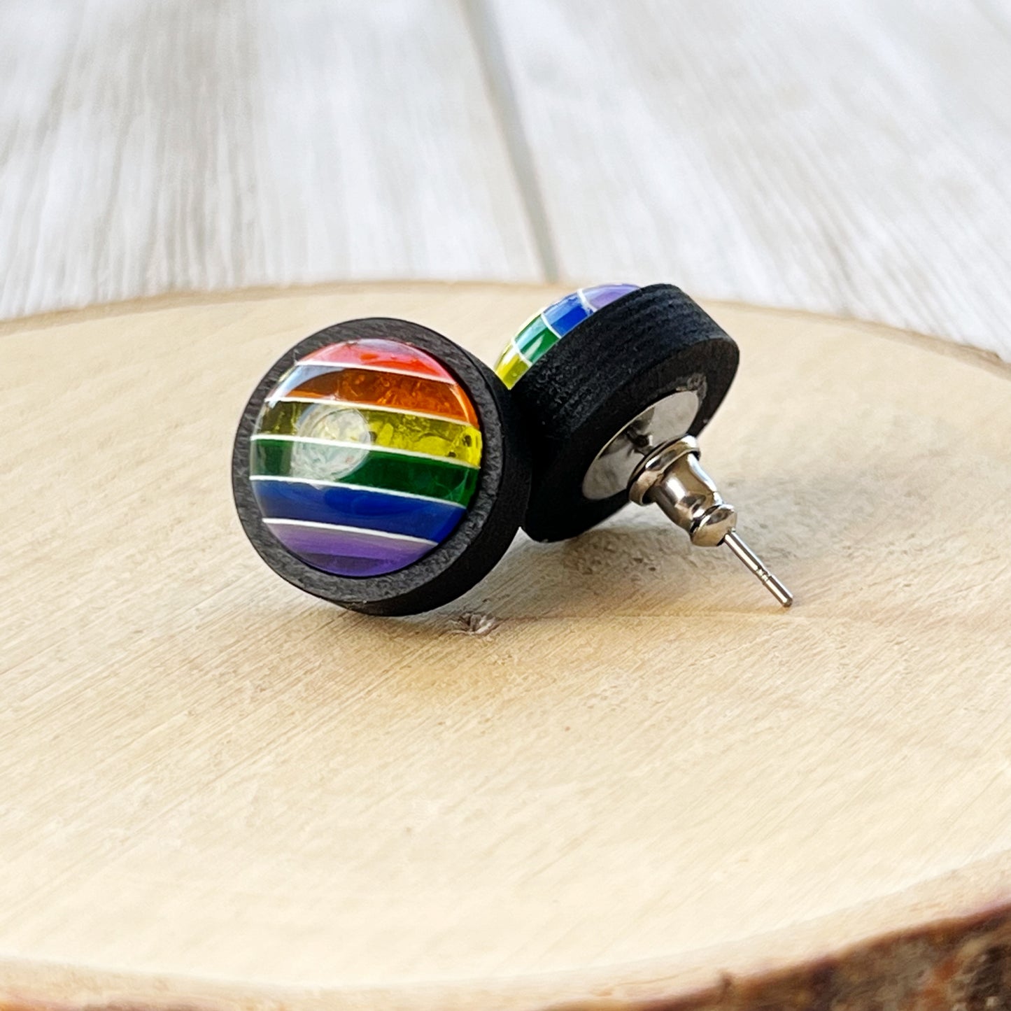 Rainbow Striped Black Wood Stud Earrings - Colorful and Unique Accessories