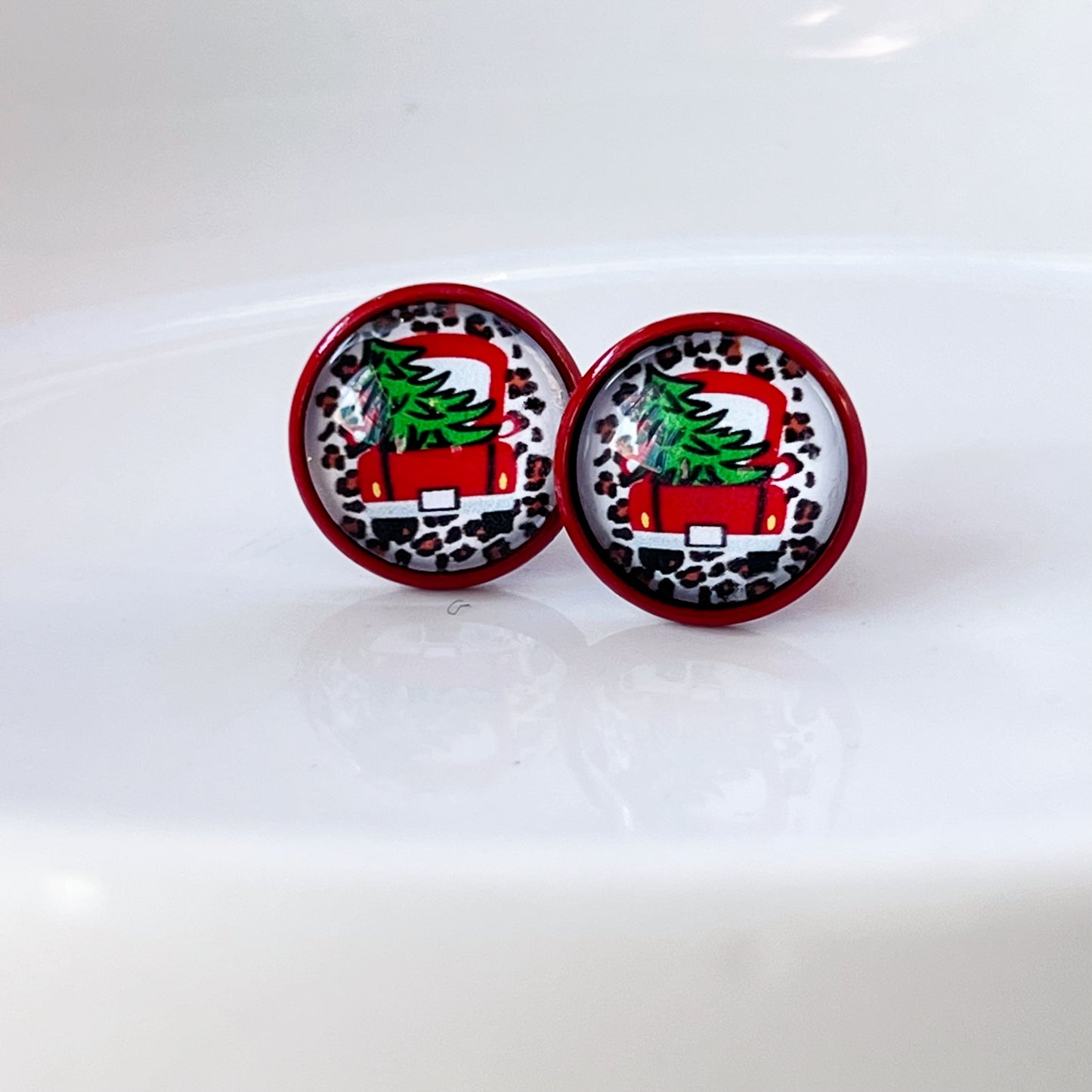 Red Truck with Christmas Tree Stud Earrings: Rustic Farmhouse Holiday Charm for Your Ears