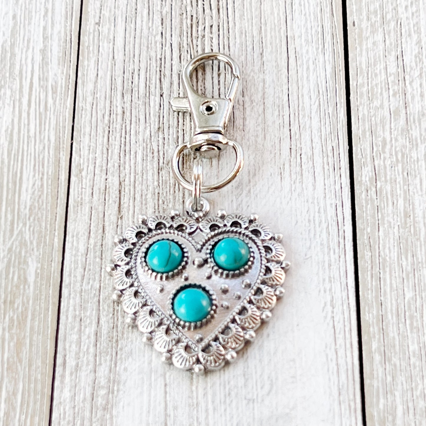 Turquoise Silver Heart Western Zipper Handbag Charm