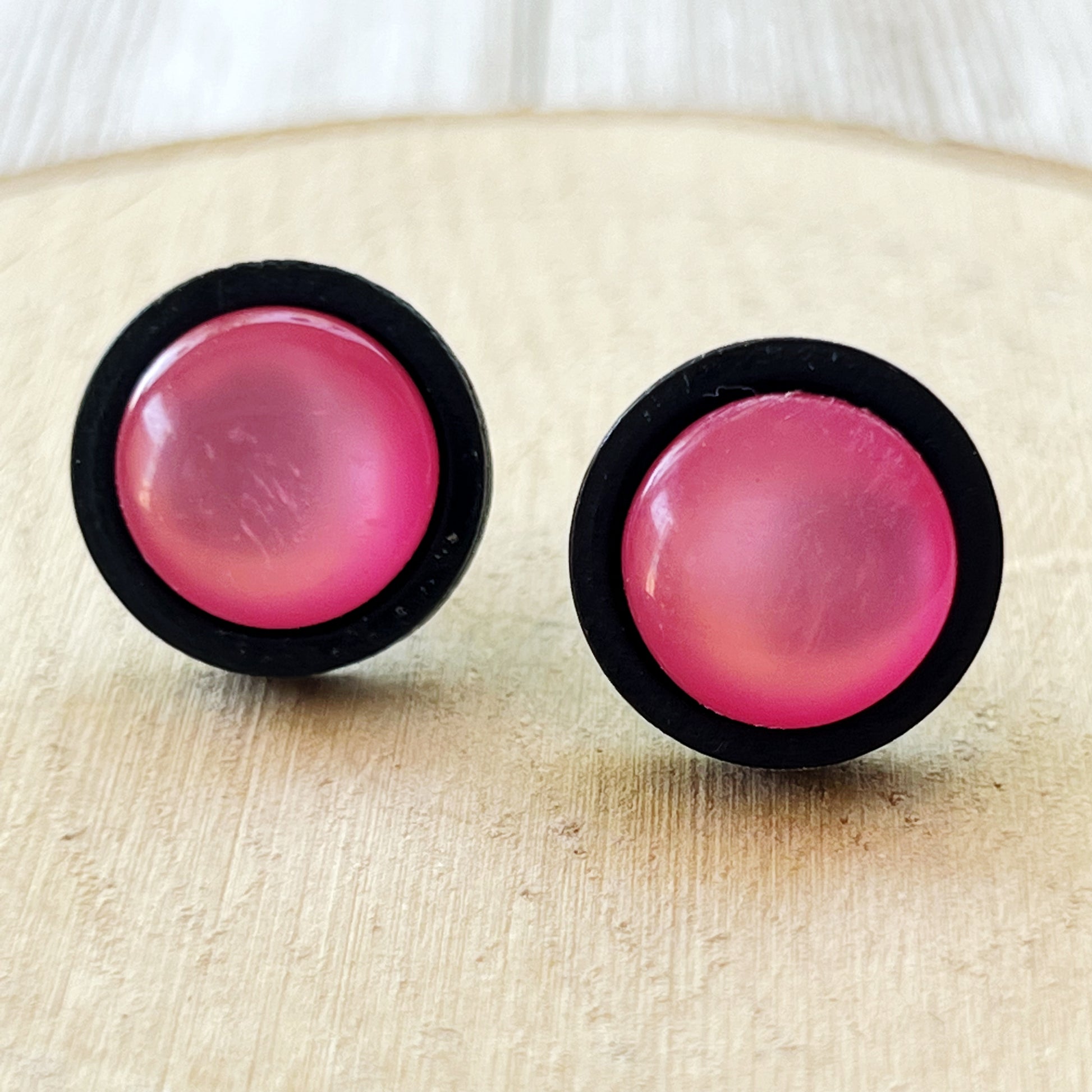 Pink Resin Black Wood Unisex Stud Earrings - Unique & Stylish Accessories