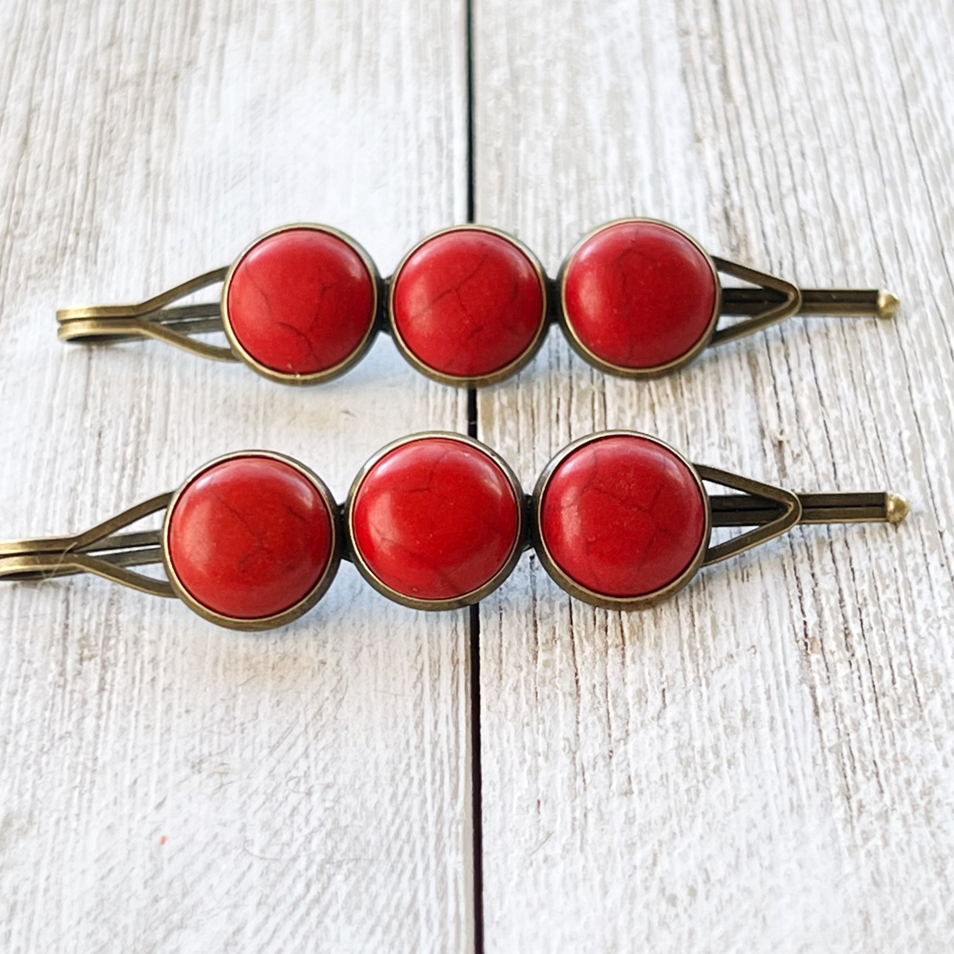 Red Stone Hair Pins