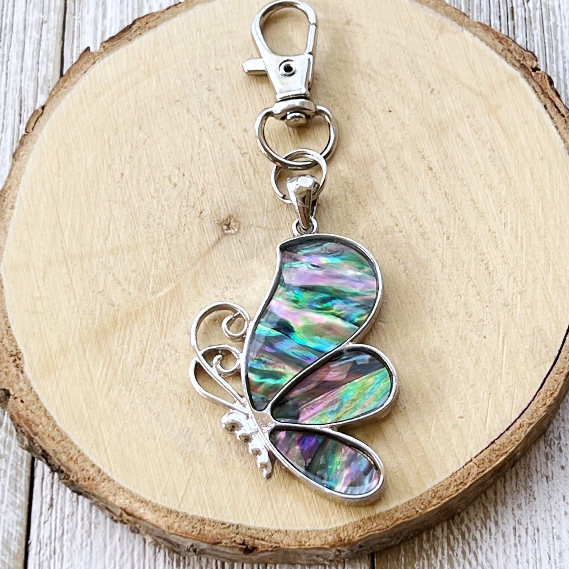 Silver Butterfly Zipper Pull Charm with Natural Abalone