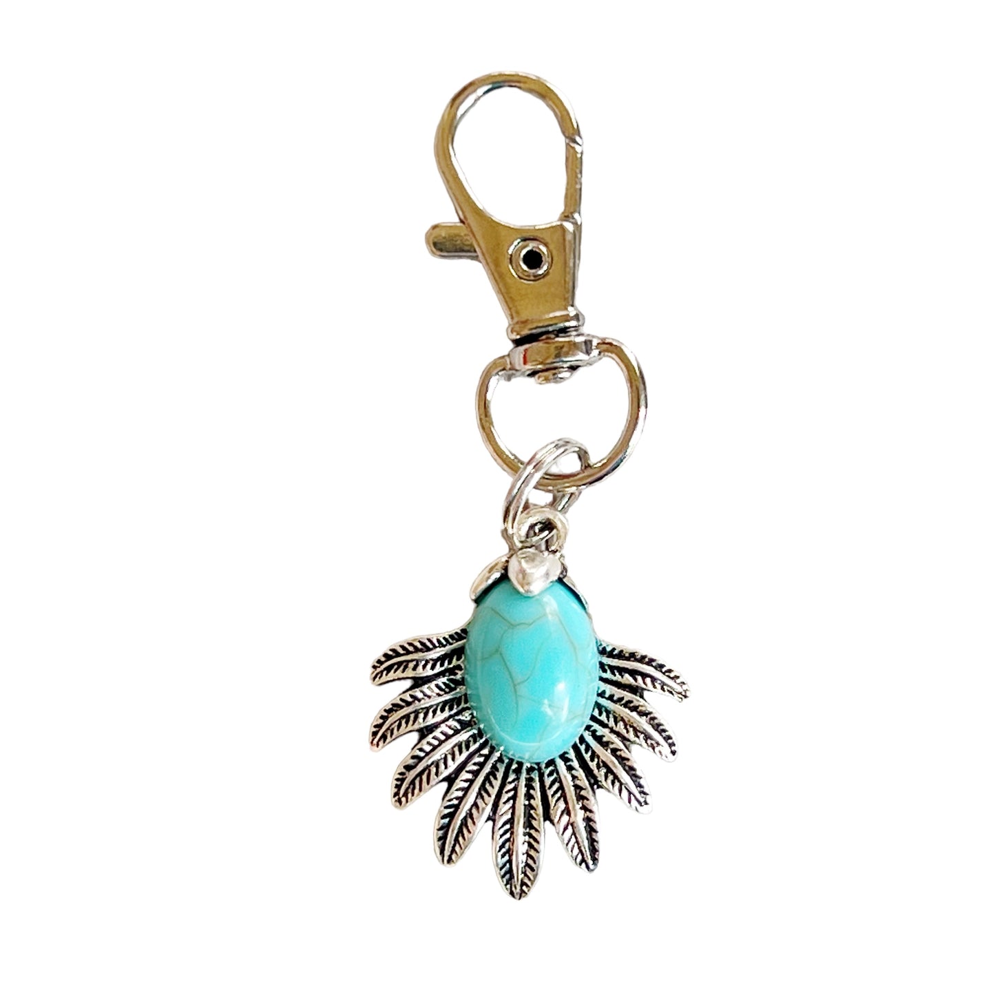 Western Zipper Pull Keychain Purse Charm: Turquoise & Silver Feather Medallion Accent