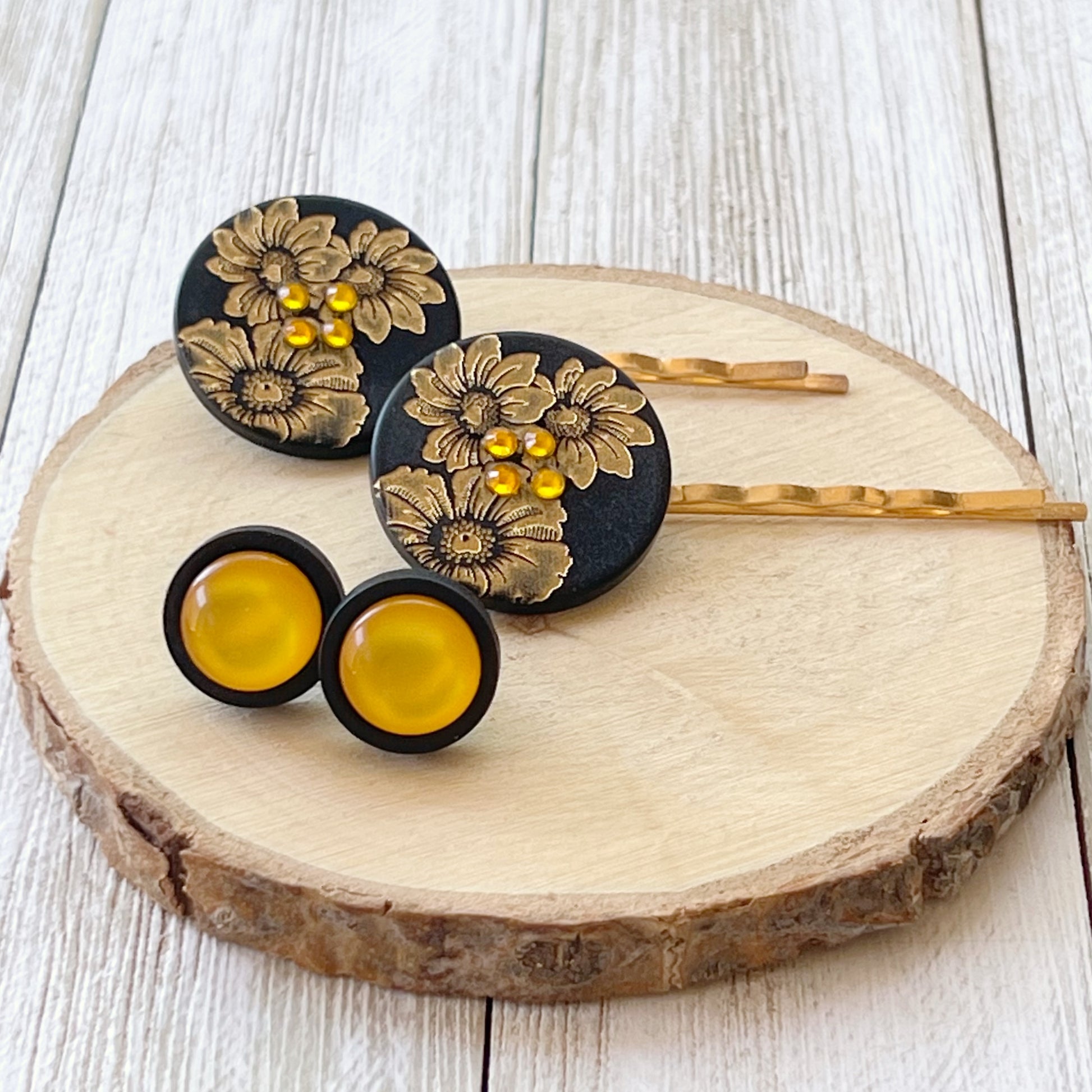 Black & Gold Sunflower Gold Bobby Pins with Matching 12mm Black Wood Earrings - Stylish Floral Accessories