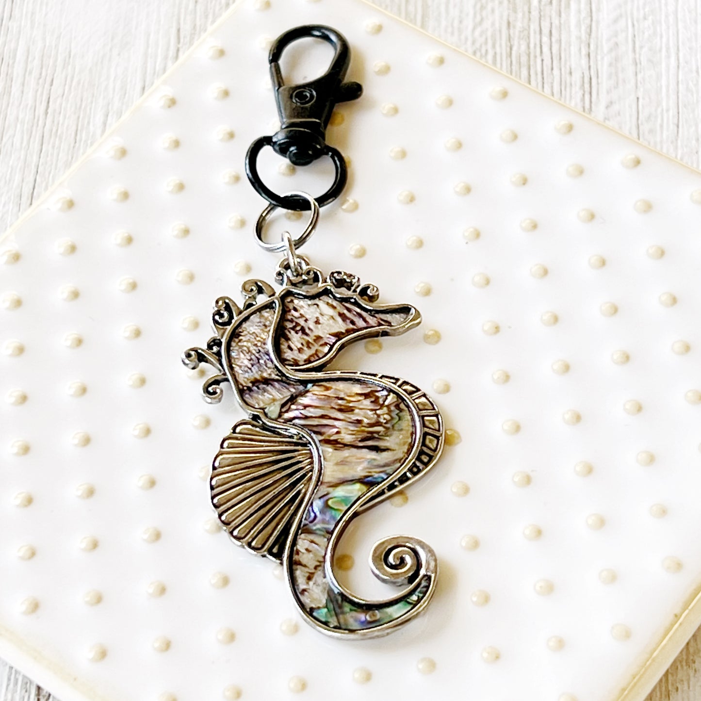 Seahorse Zipper Pull Keychain Charm with Natural Abalone: Coastal Elegance for Your Purse