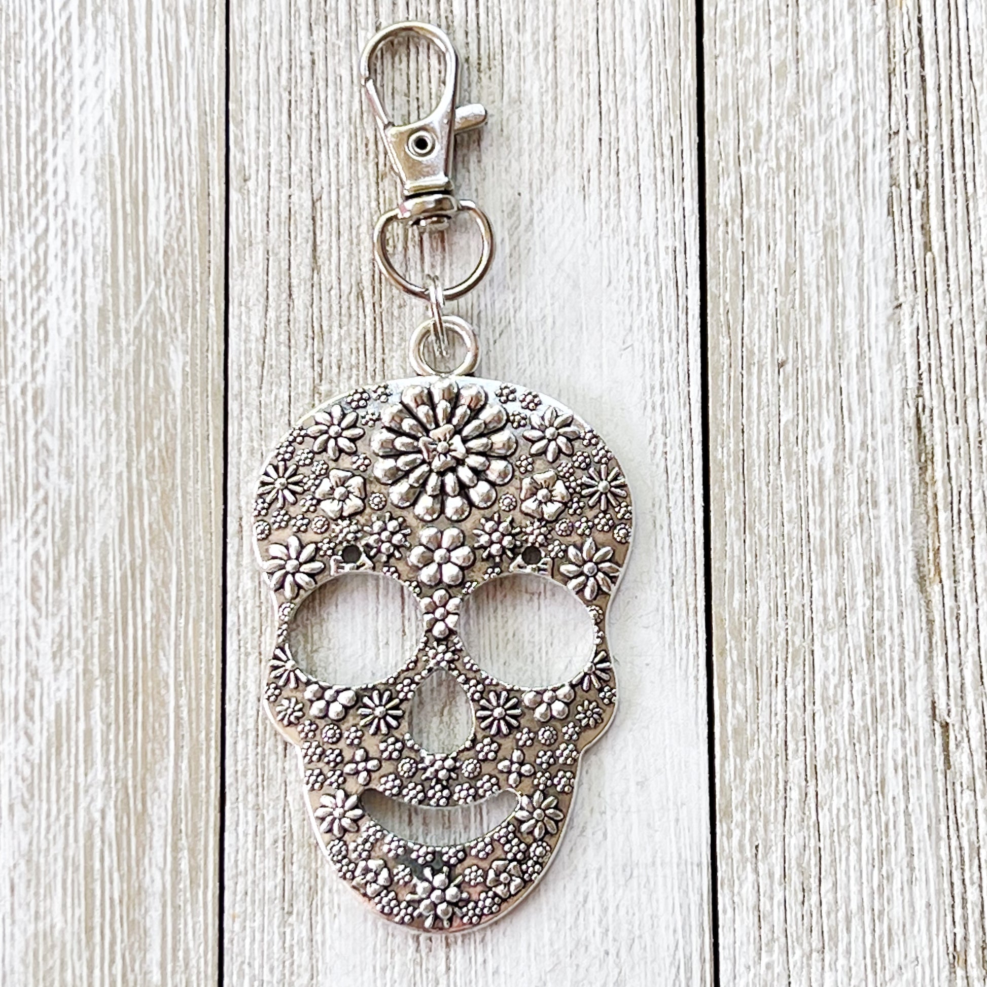 Silver Floral Skeleton Skull Zipper Pull Keychain Purse Charm